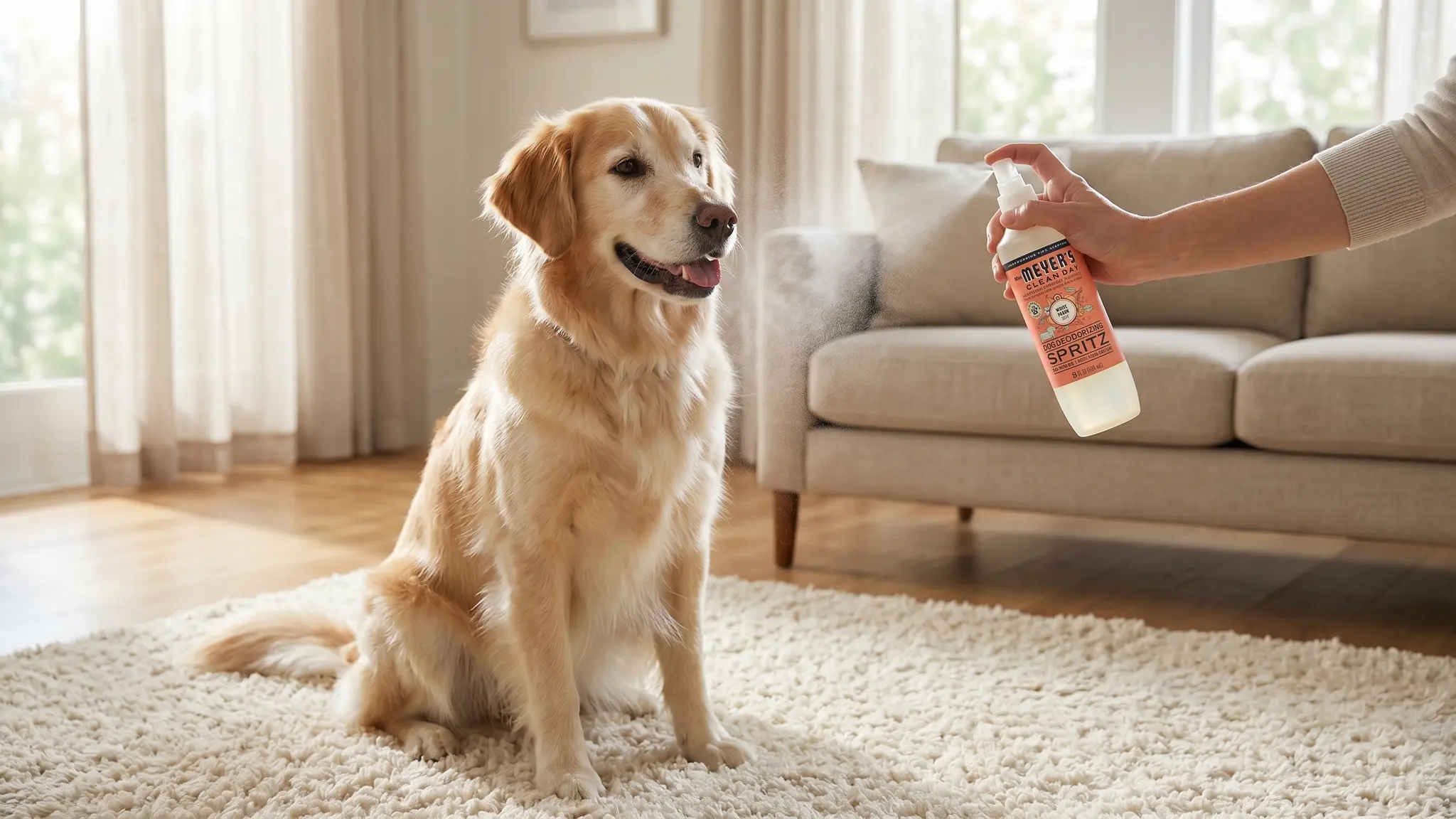 Mrs Meyers Dog Deodorizing Spray in action