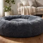 36 inches Faux Fur Fluffy Donut Dog Bed for Large Dogs,Dark Grey | Calming Plush Round Pet product view