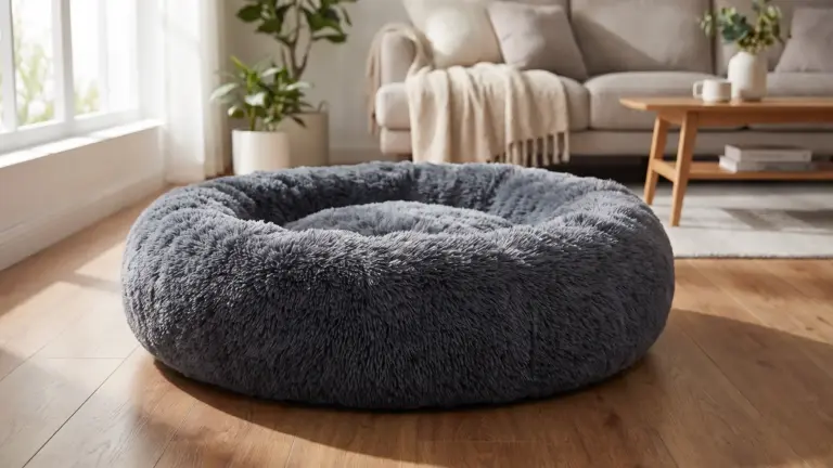 36 inches Faux Fur Fluffy Donut Dog Bed for Large Dogs,Dark Grey | Calming Plush Round Pet product view