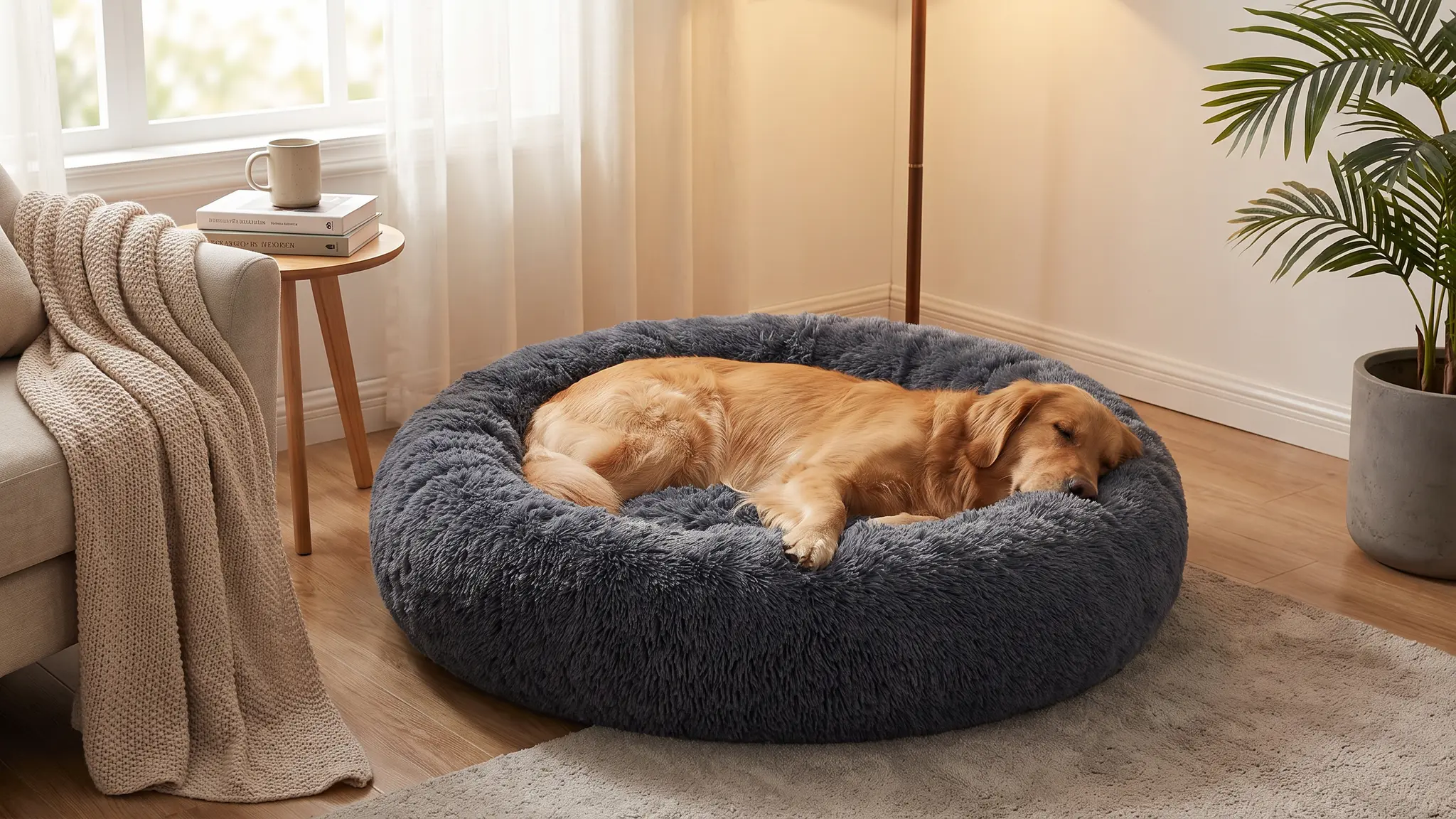 36 inches Faux Fur Fluffy Donut Dog Bed for Large Dogs,Dark Grey | Calming Plush Round Pet in use