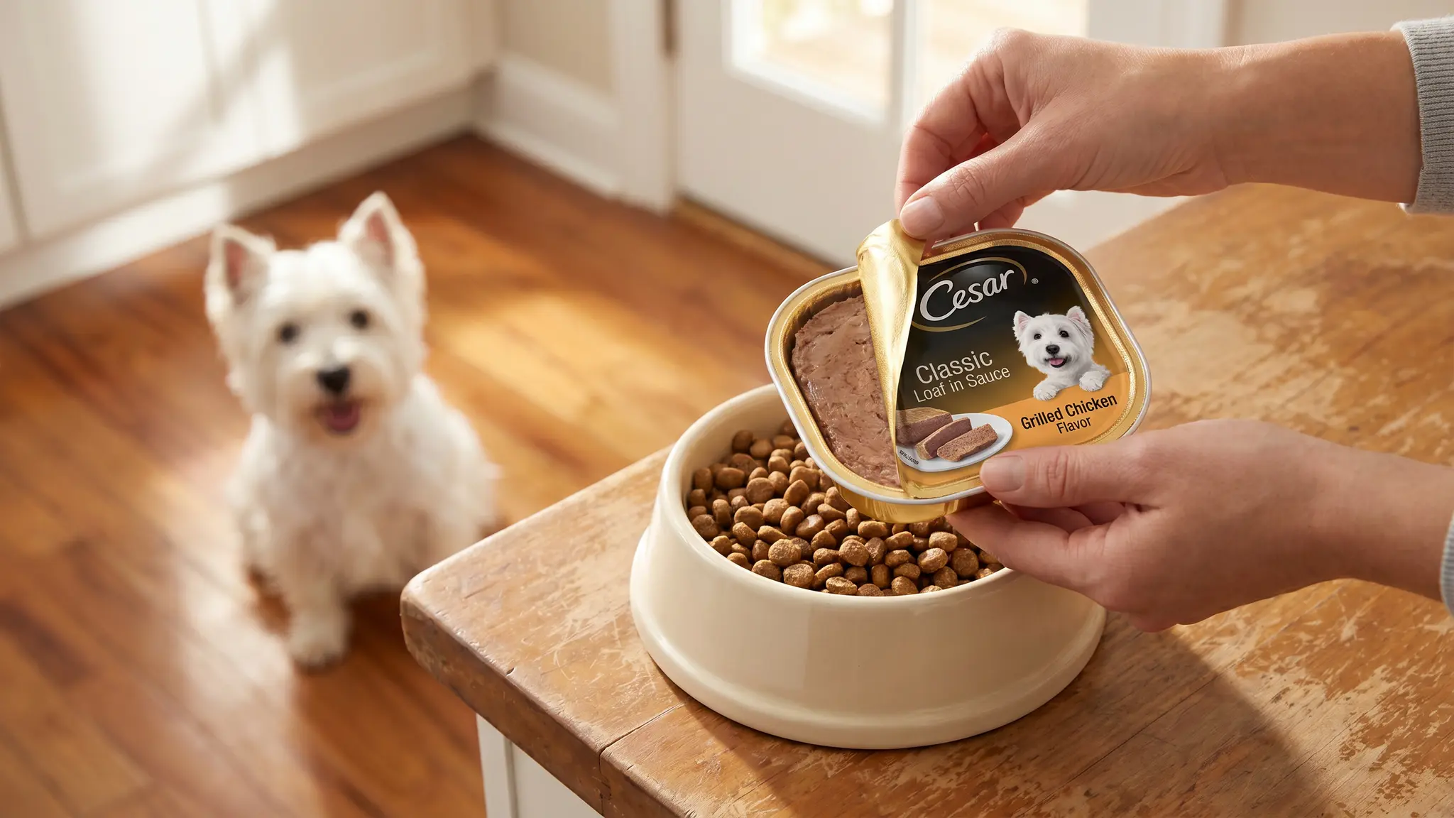 Cesar Wet Dog Food Classic Loaf in Sauce Grilled Chicken, Filet Mignon, Porterhouse Steak, in use