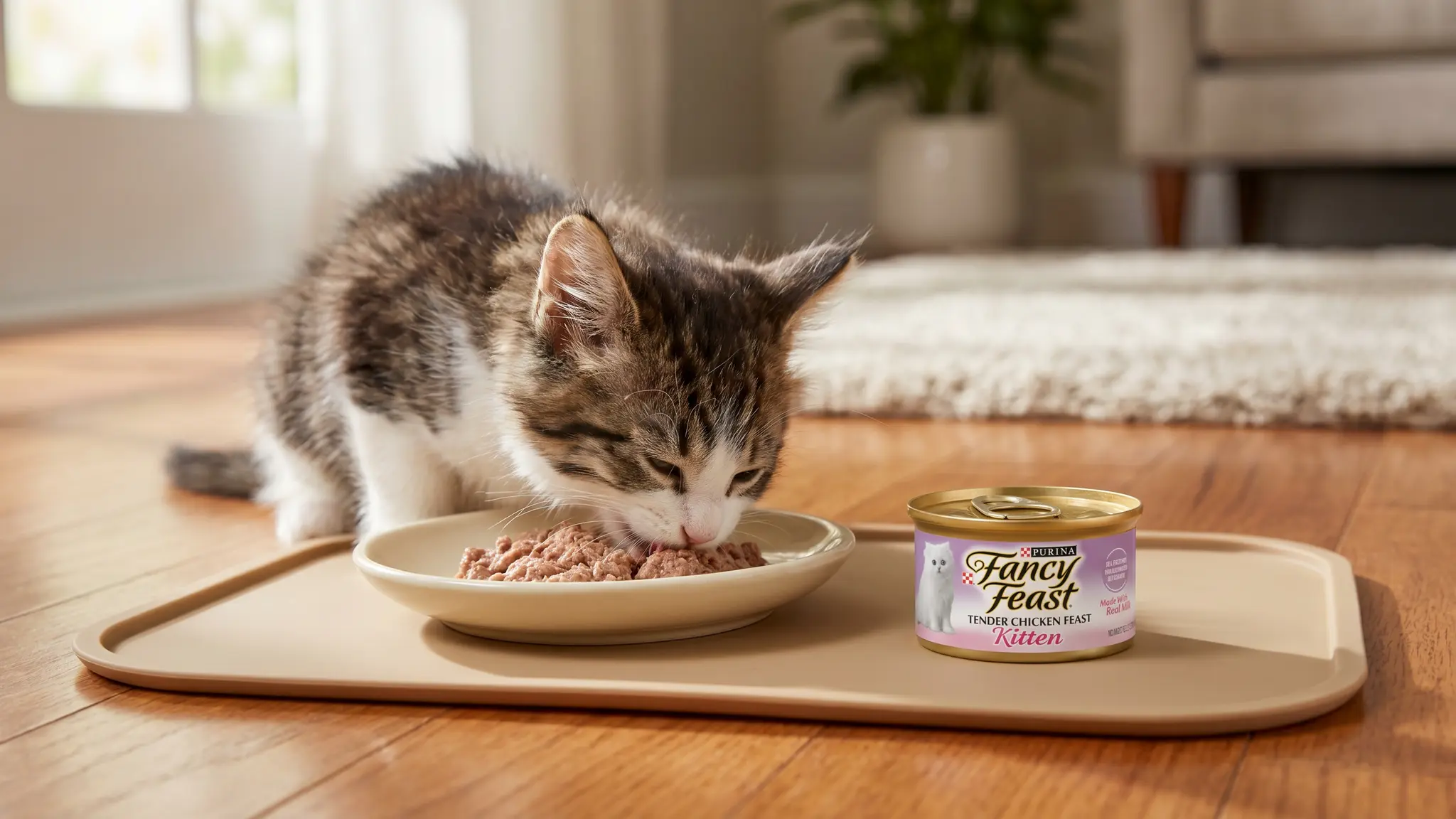 Purina Fancy Feast Tender Ocean Whitefish, Turkey, Chicken and Salmon Feasts Wet Kitten Fo in use