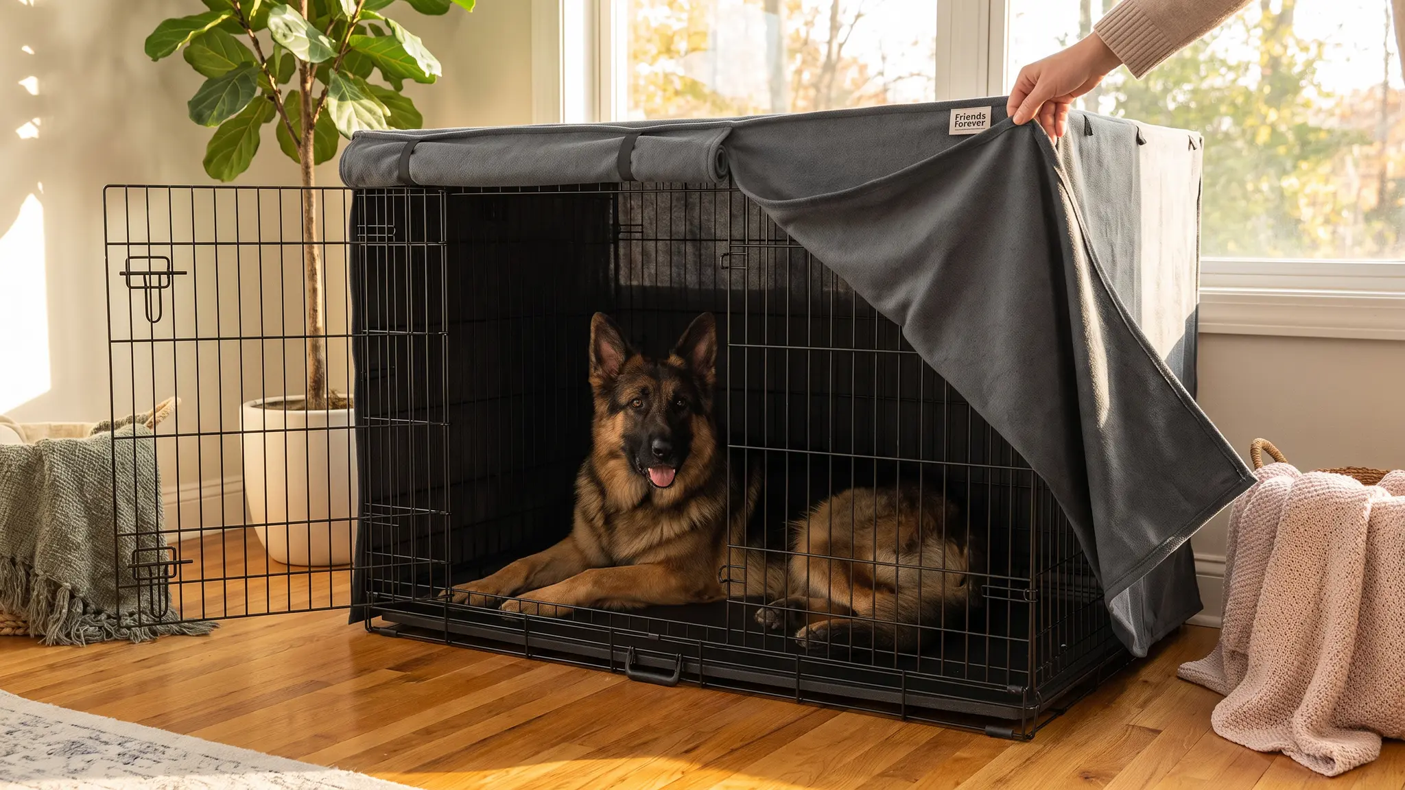 Friends Forever Metal Dog Crate Cover 48 inch- 48.75"L x 30.75"W x 32.5"H | Light Blocking in use