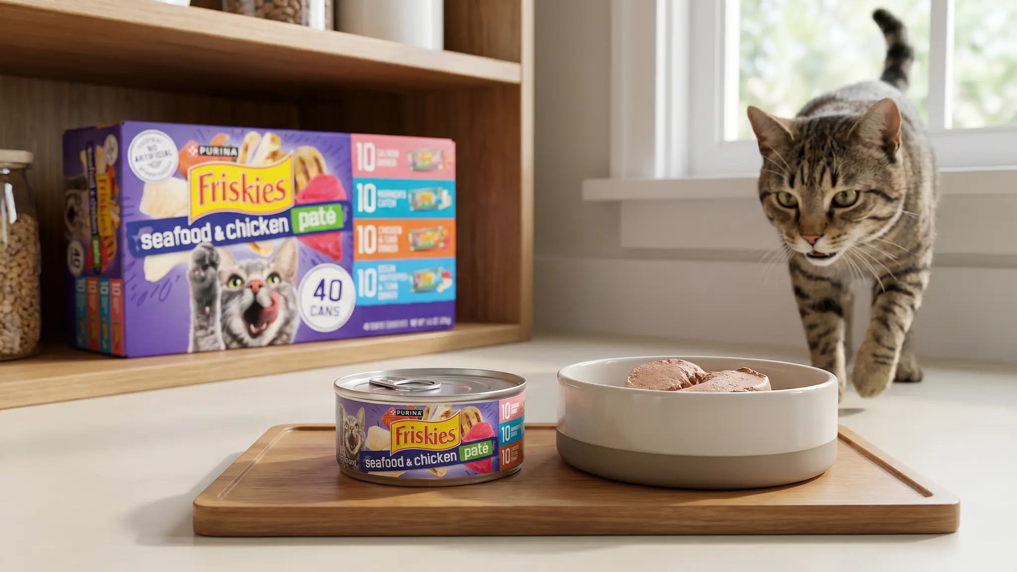 Purina Friskies Pate Wet Cat Food Variety Pack Seafood and Chicken Pate Favorites 40ct VP in use