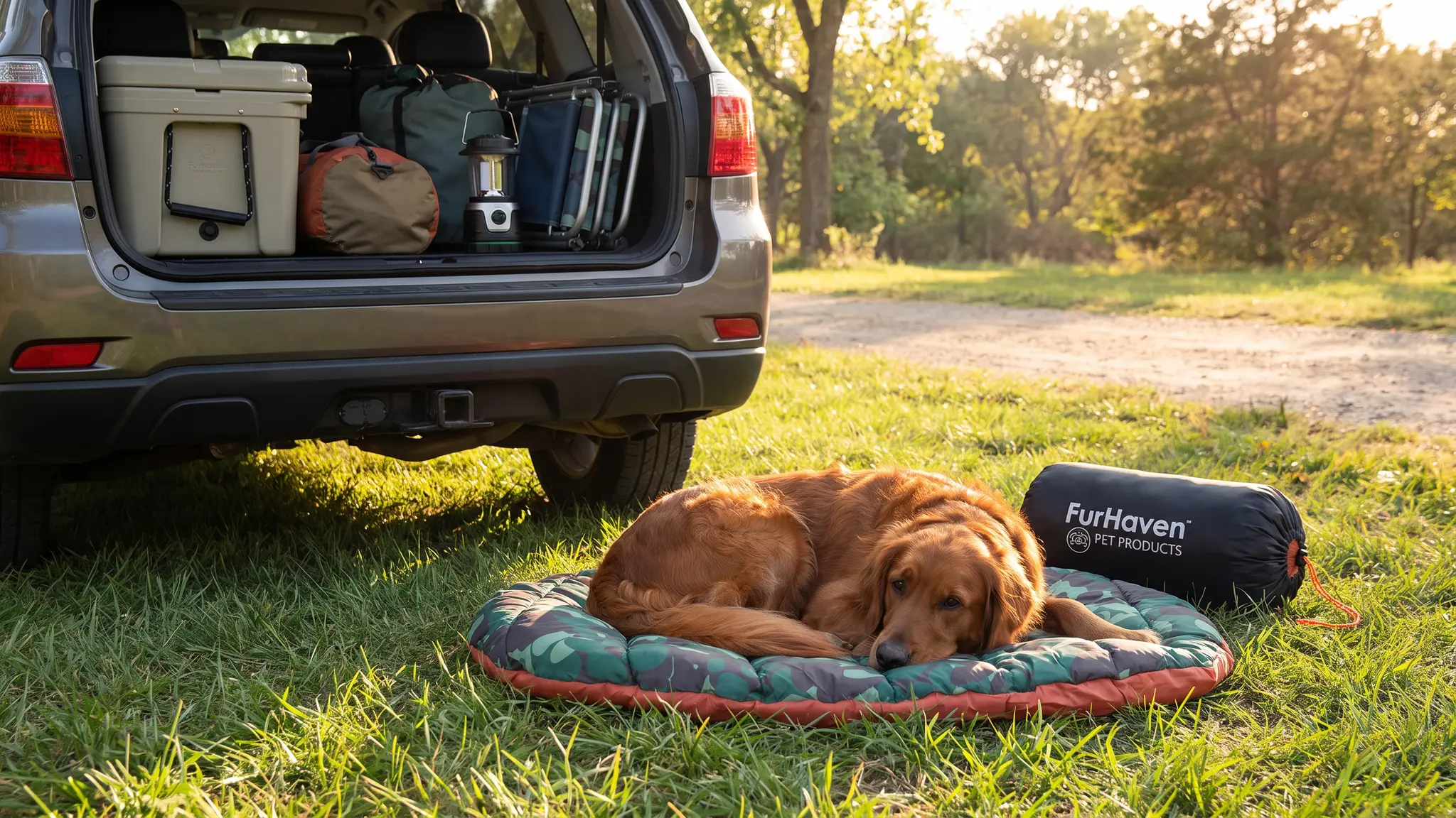 Furhaven Outdoor Travel Dog Bed for Large/Medium Dogs w/ Carry Bag, Washable & Foldable, G in use