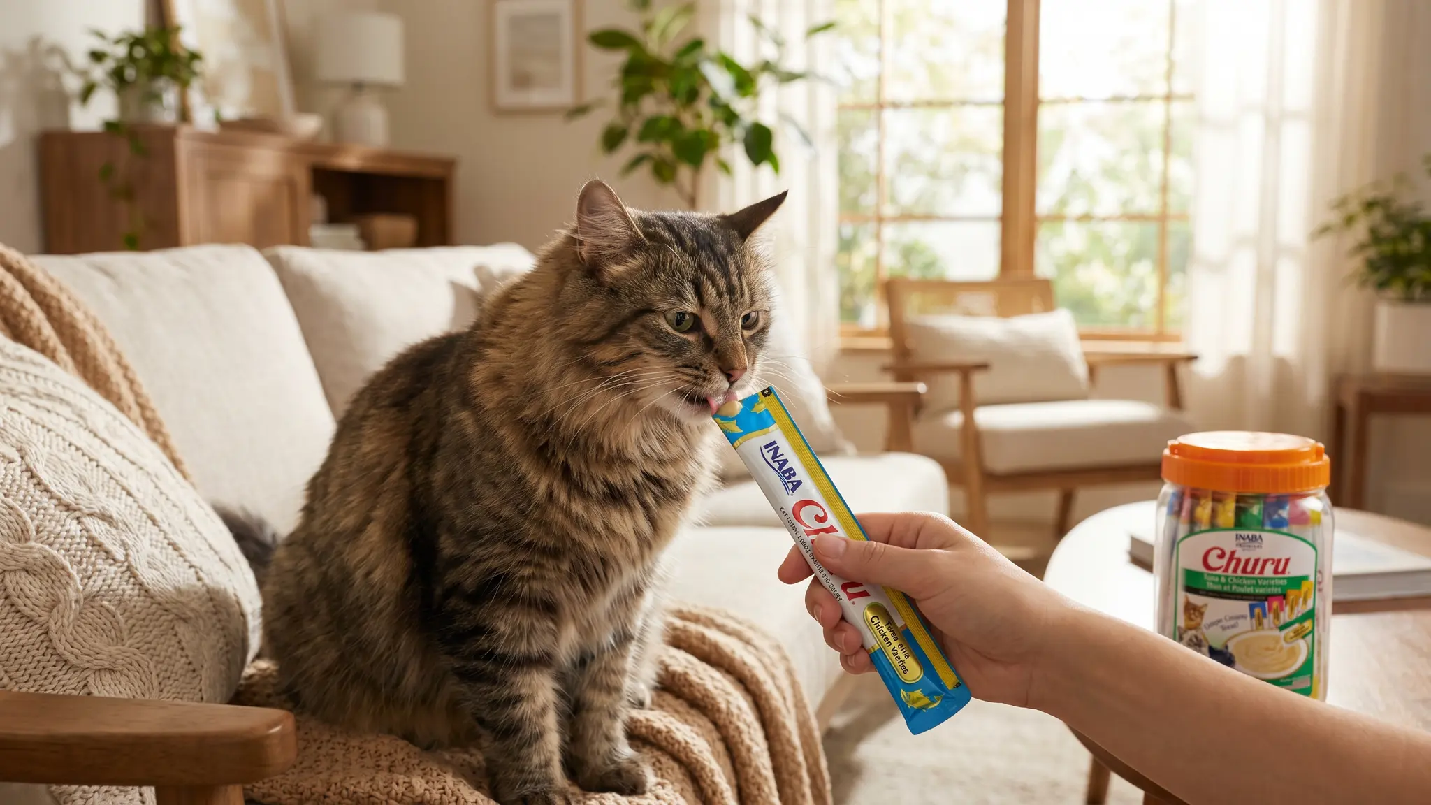 INABA Churu Cat Treats, Lickable, Squeezable Creamy Purée Cat Treat with Green Tea Extract in use
