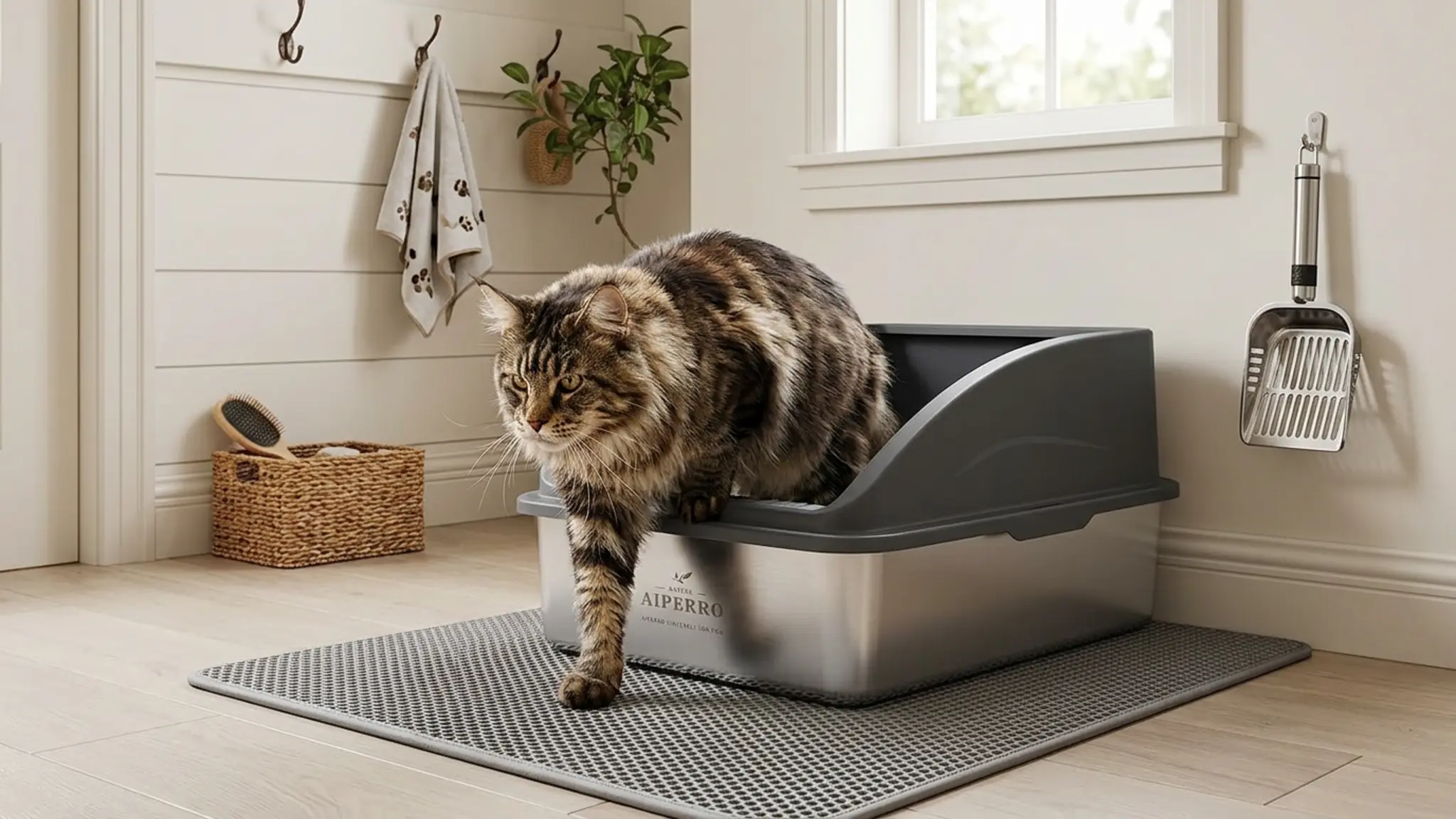 AIPERRO Stainless Steel Litter Box | XL Metal Cat Litter Boxs with Lid | Enclosed High Sid in use