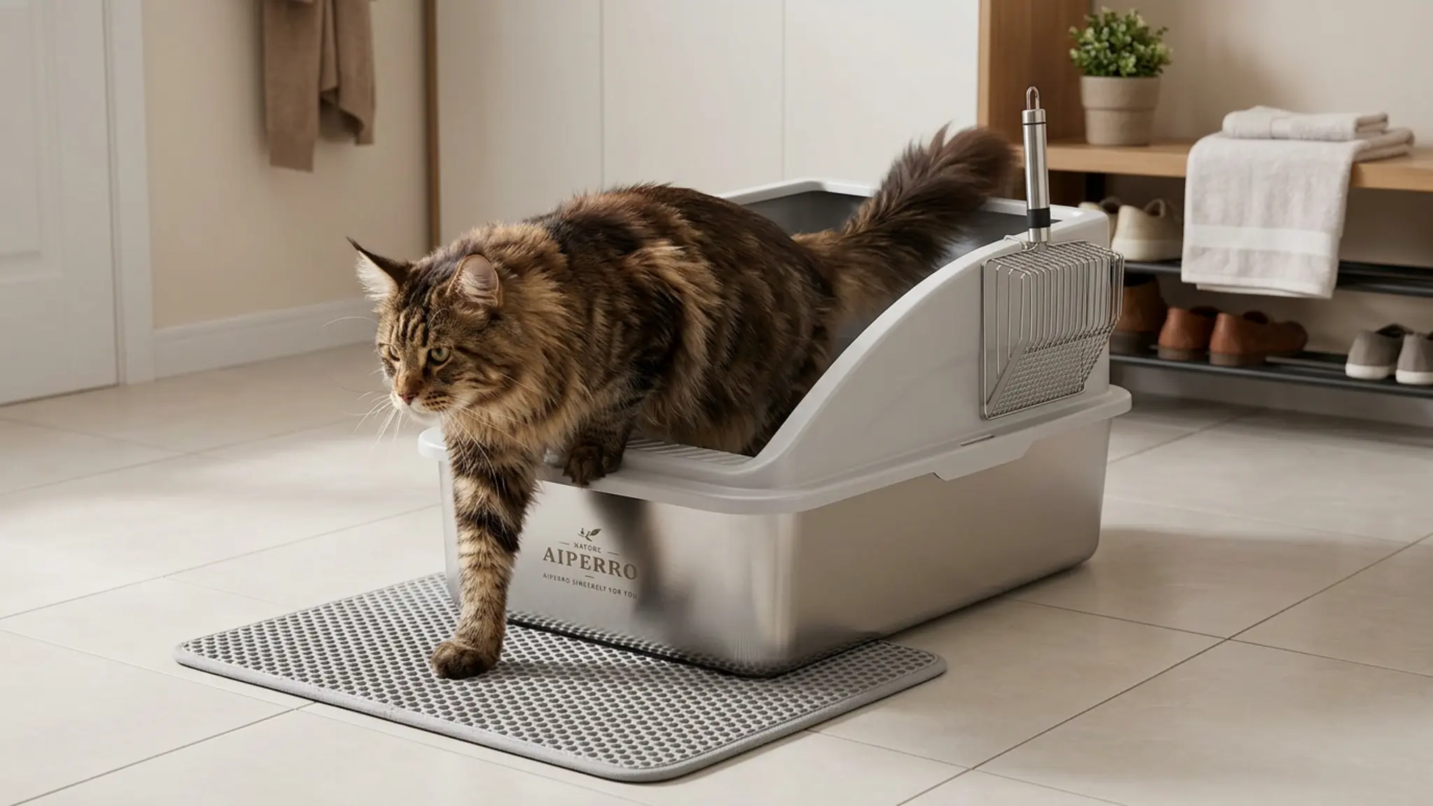 AIPERRO Stainless Steel Litter Box | XL Enclosed Cat Litter Boxes with Lid for Big Cats | in use
