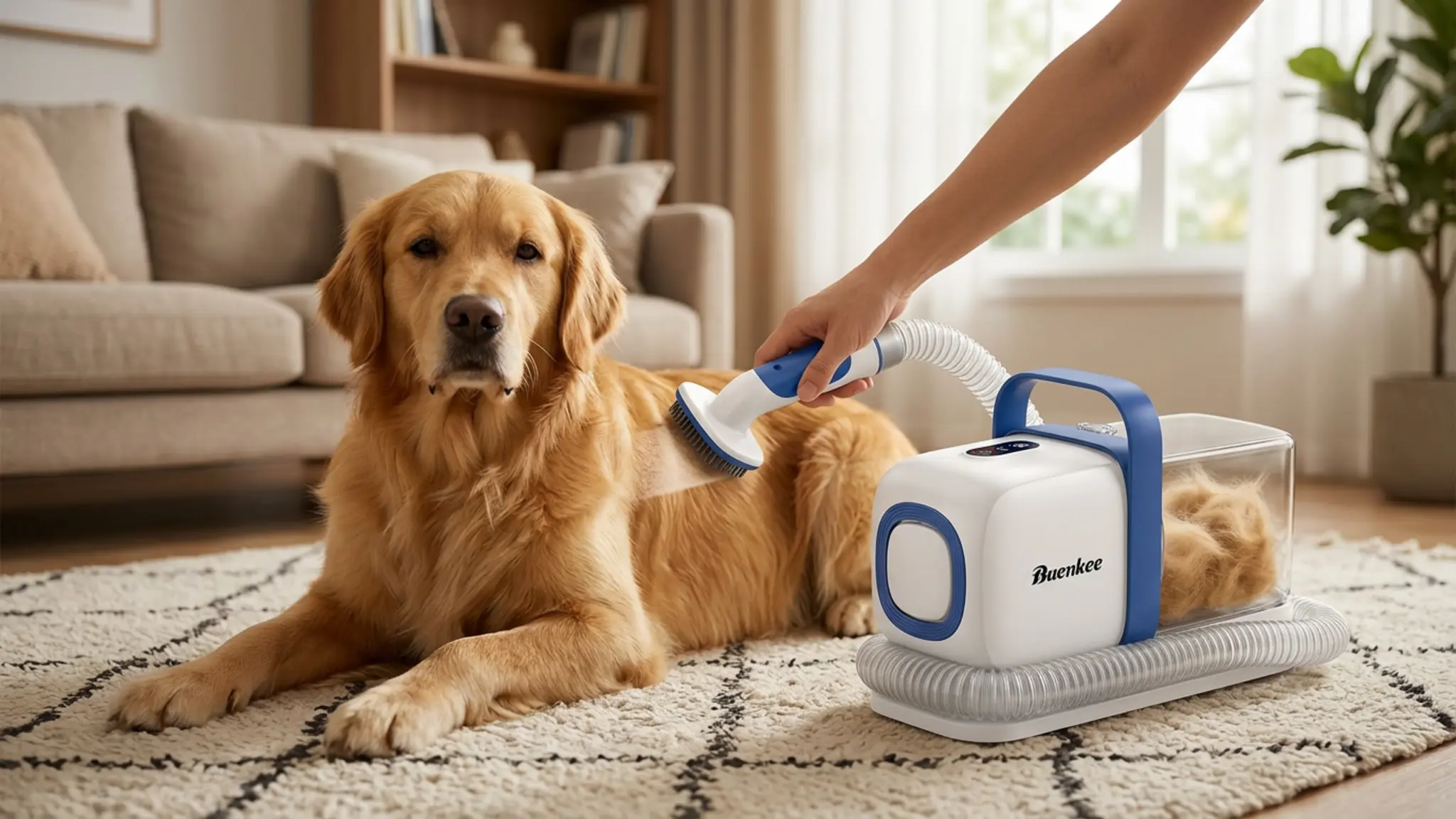 Buenkee Dog Grooming Vacuum Kit, 15000Pa Clipper, Shedding Brush, 2L, White | Brush, trim in use