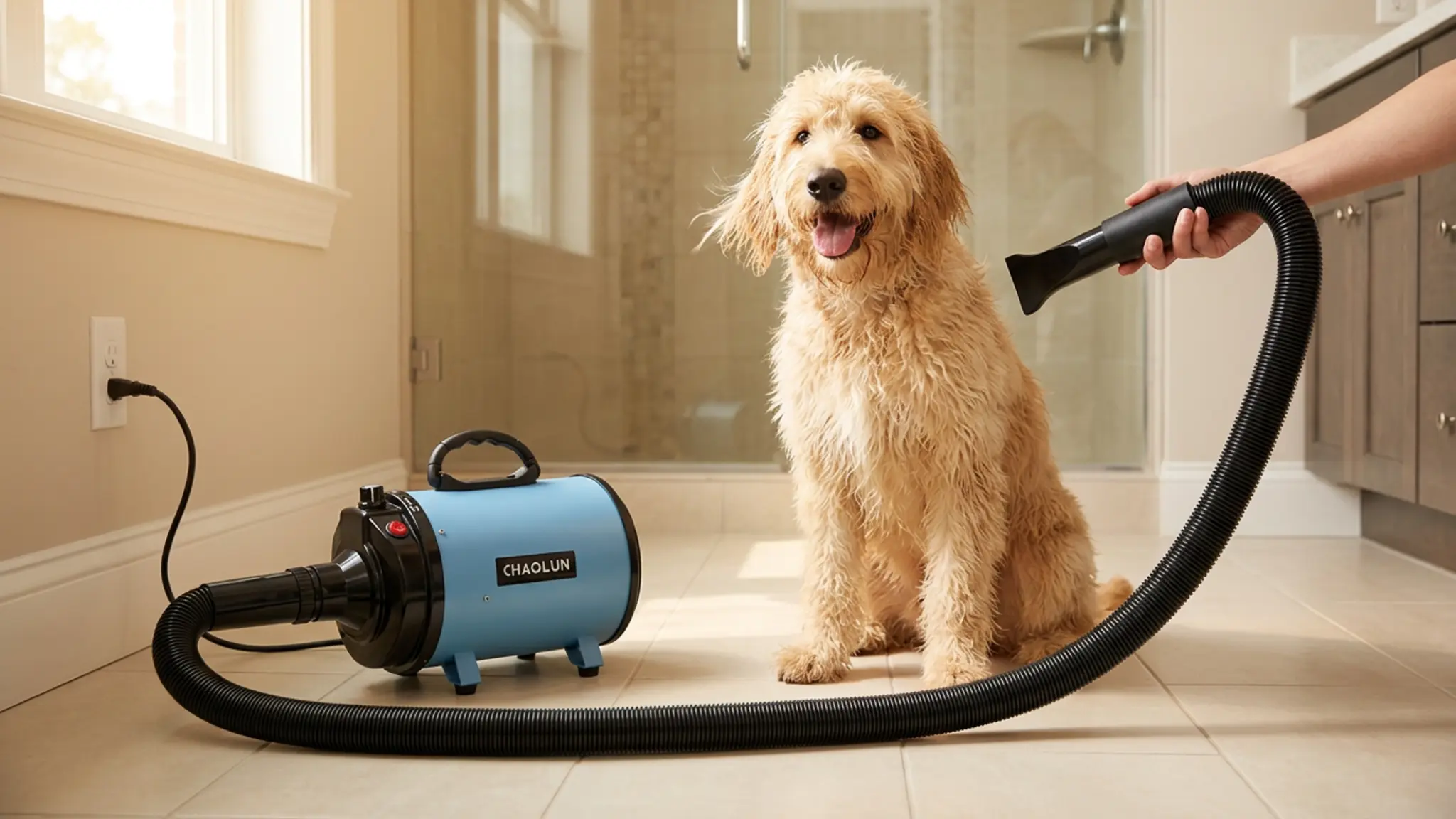 Dog Dryer for Pet Grooming, Pet Hair Dryer with Heater, Blue in use