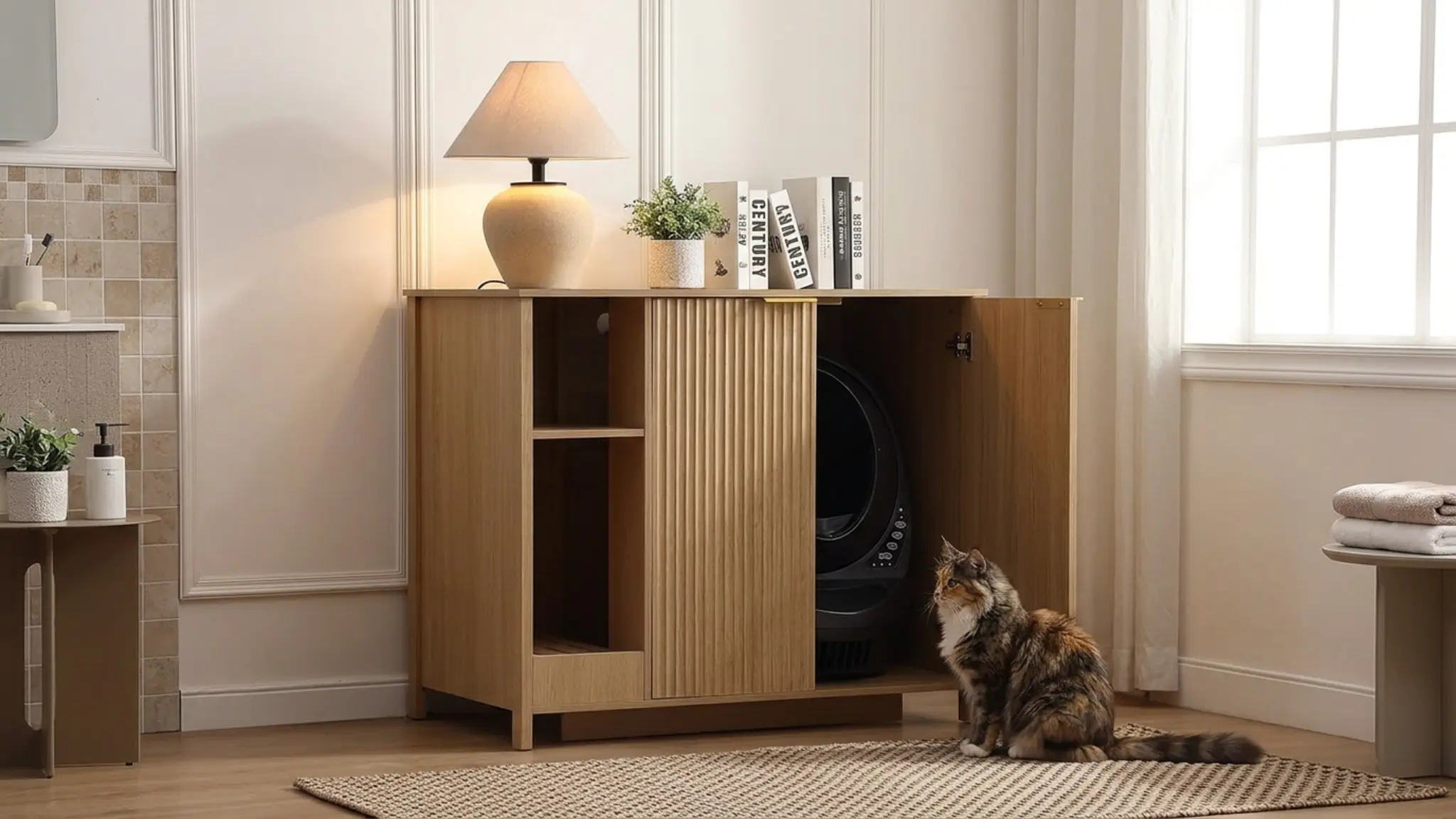 Forest Gravity Extra Large Litter Box Cabinet for Self-Cleaning Litter Box in use