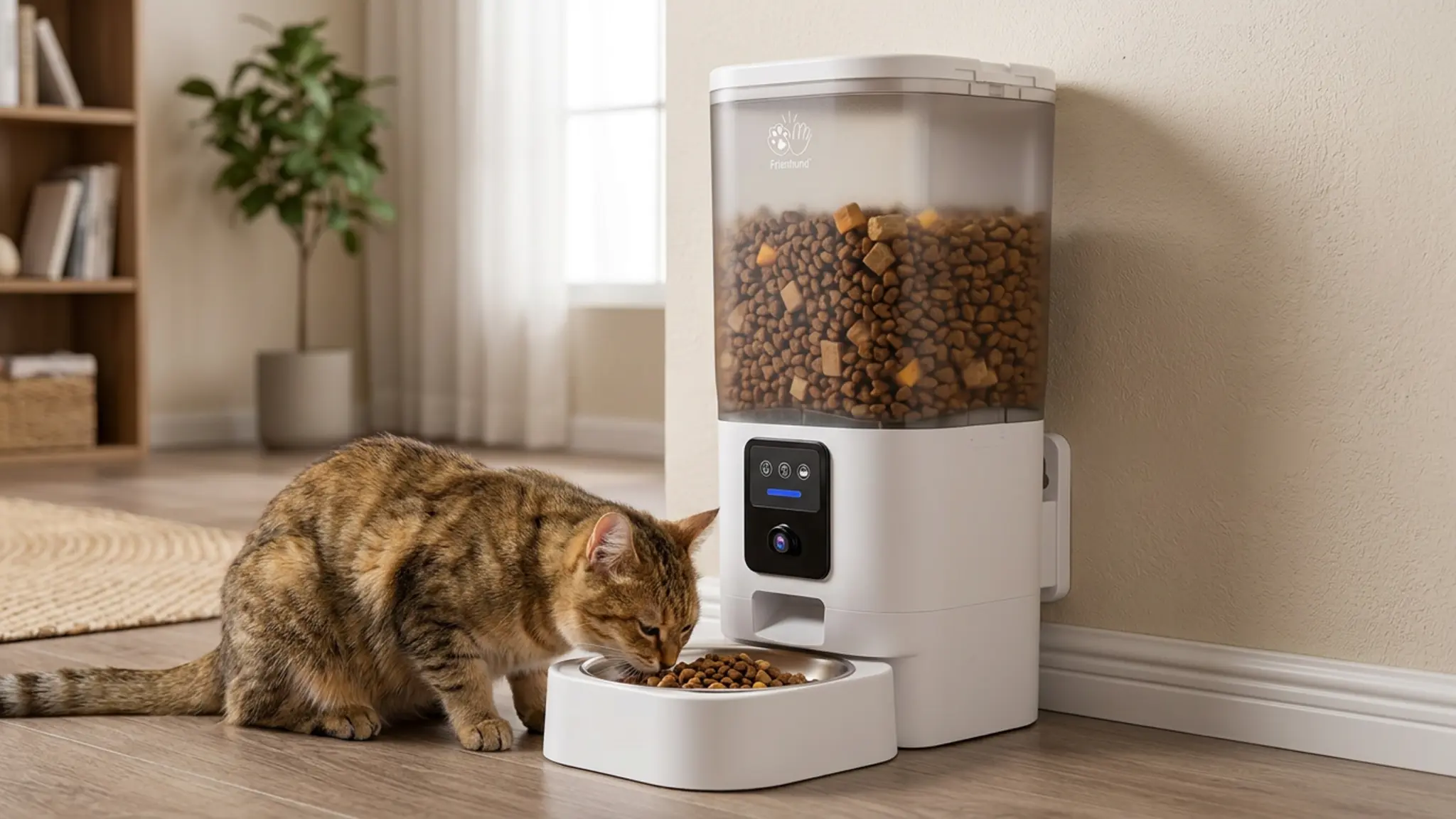 Frienhund Automatic Cat Feeder with 2K Camera: 5G WiFi Automatic Dog Feeder with Night Vis in use