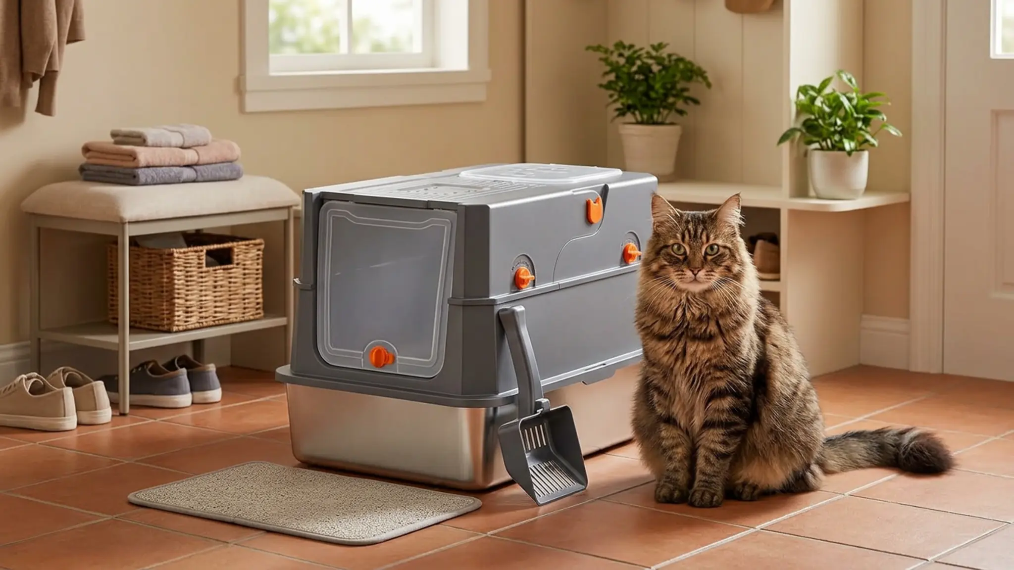 FURTIME Stainless Steel Litter Box with Lid, Enclosed Metal Cat Litter Box | XL Extra Larg in use