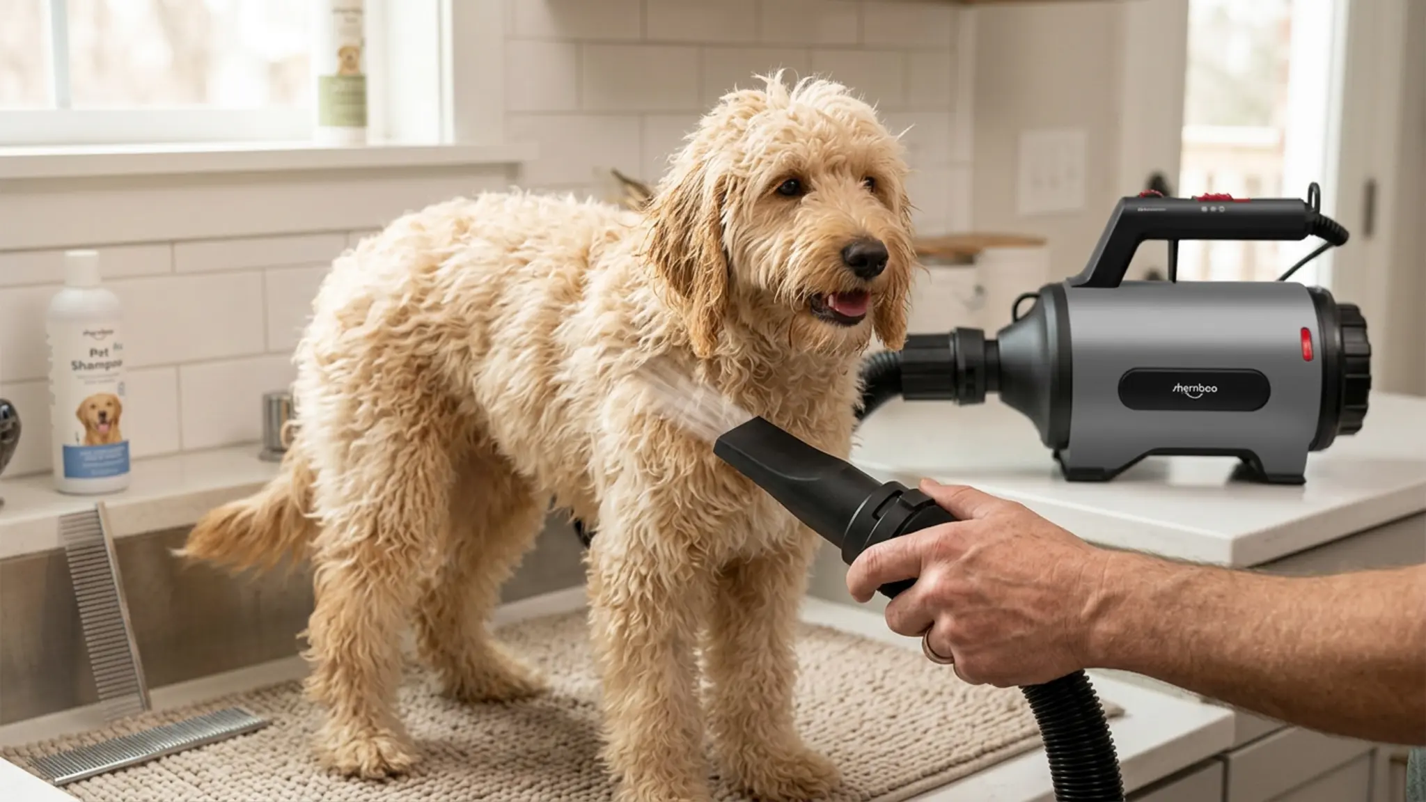 Dog Dryer High Velocity Pet Dog Grooming Force Hair Dryer/Blower in use