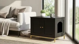 Homhedy 28.3" L Cat Litter Box Enclosure with Metal Frame, Black and Gold product view