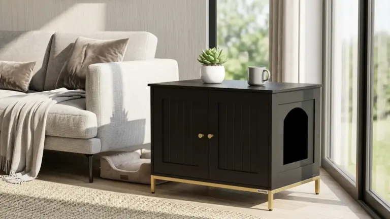 Homhedy 28.3" L Cat Litter Box Enclosure with Metal Frame, Black and Gold product view