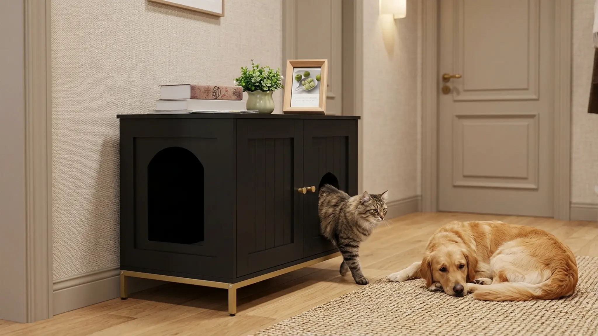 Homhedy 28.3" L Cat Litter Box Enclosure with Metal Frame, Black and Gold in use