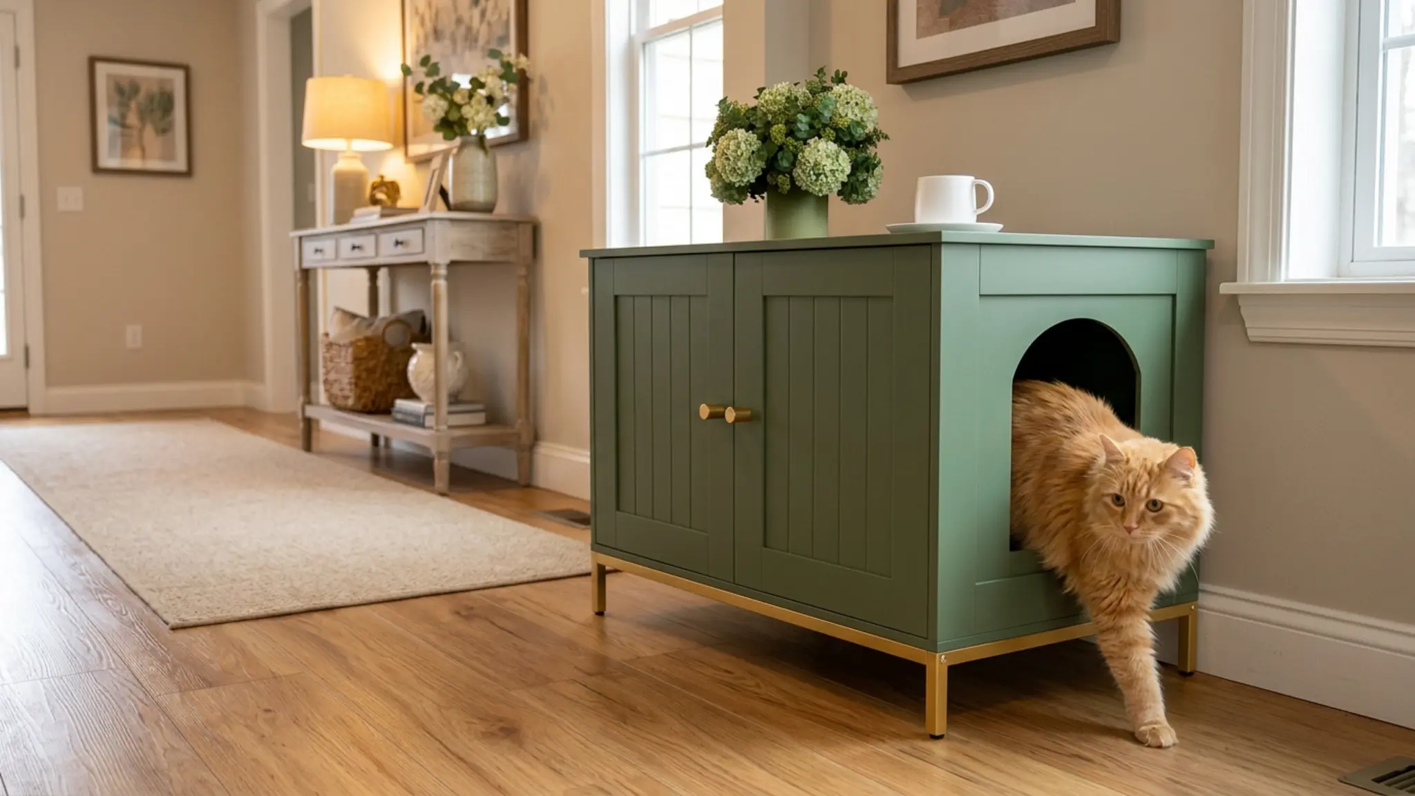 Homhedy 28.3" L Cat Litter Box Enclosure with Metal Frame, Green and Gold in use