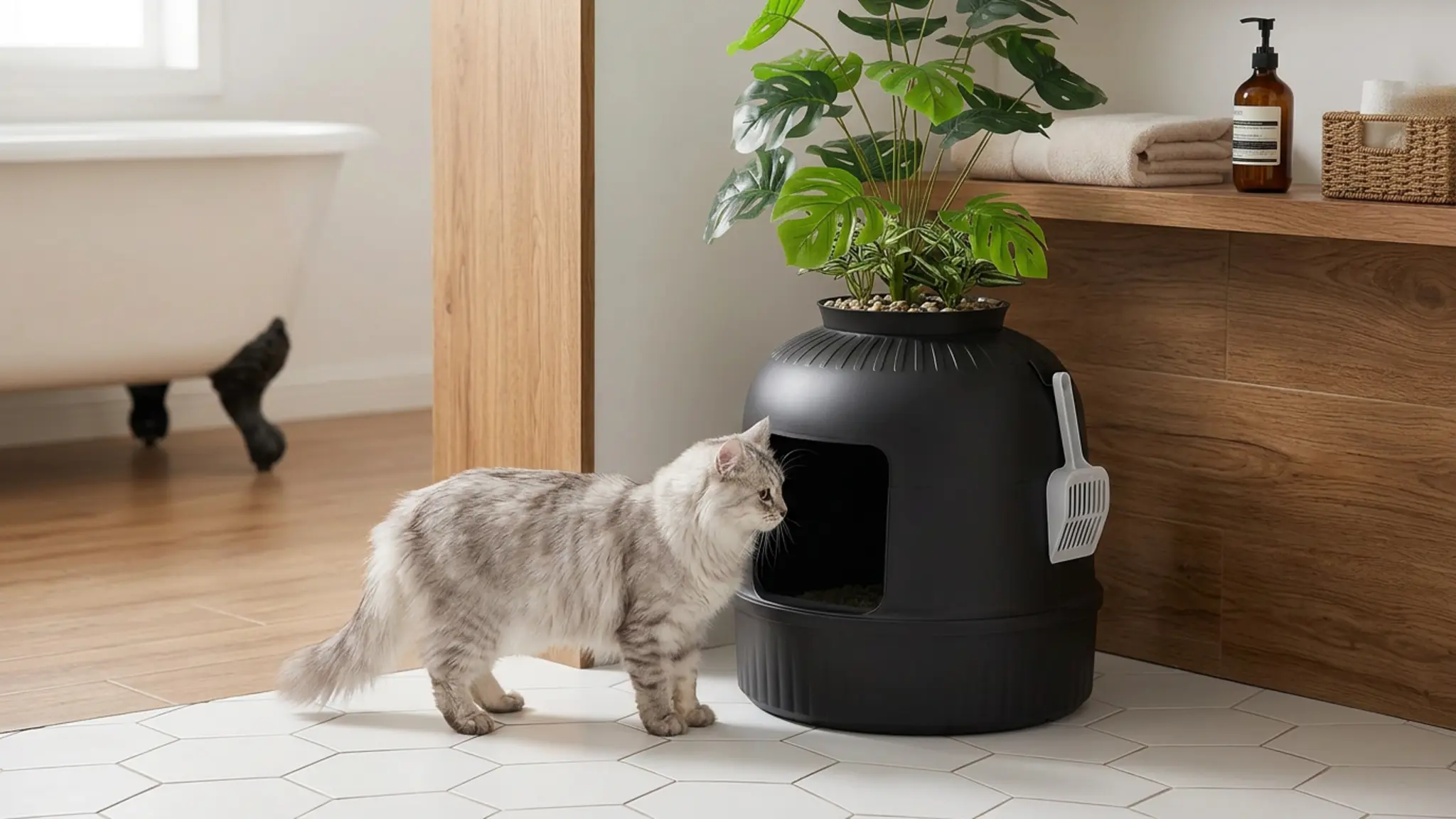 Lifewit Hidden Plant Cat Litter Box with Plastic Scoop, Black | Extra Large Enclosure Litt in use