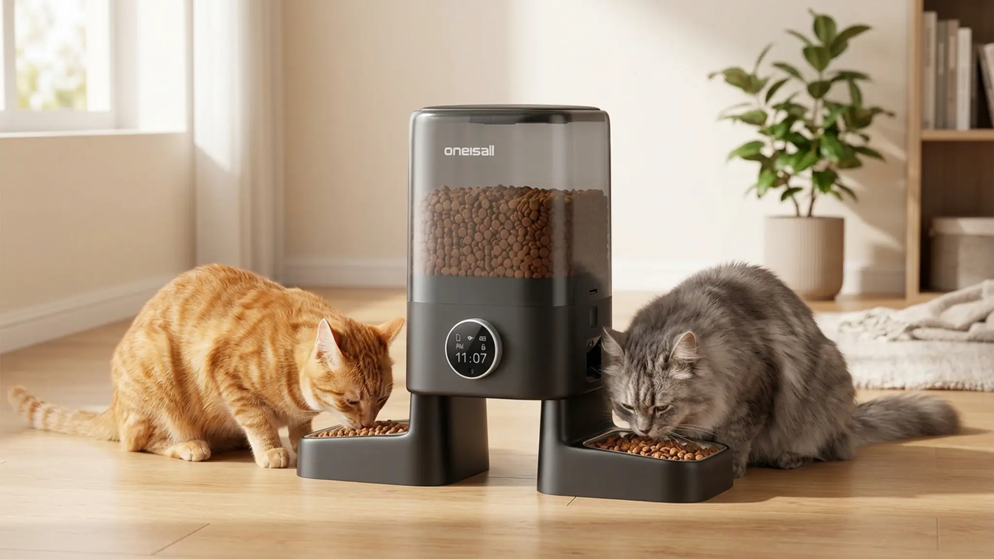 oneisall Automatic Cat Feeder with Camera for 2 Cats Pets, 20 Cups/5L in use