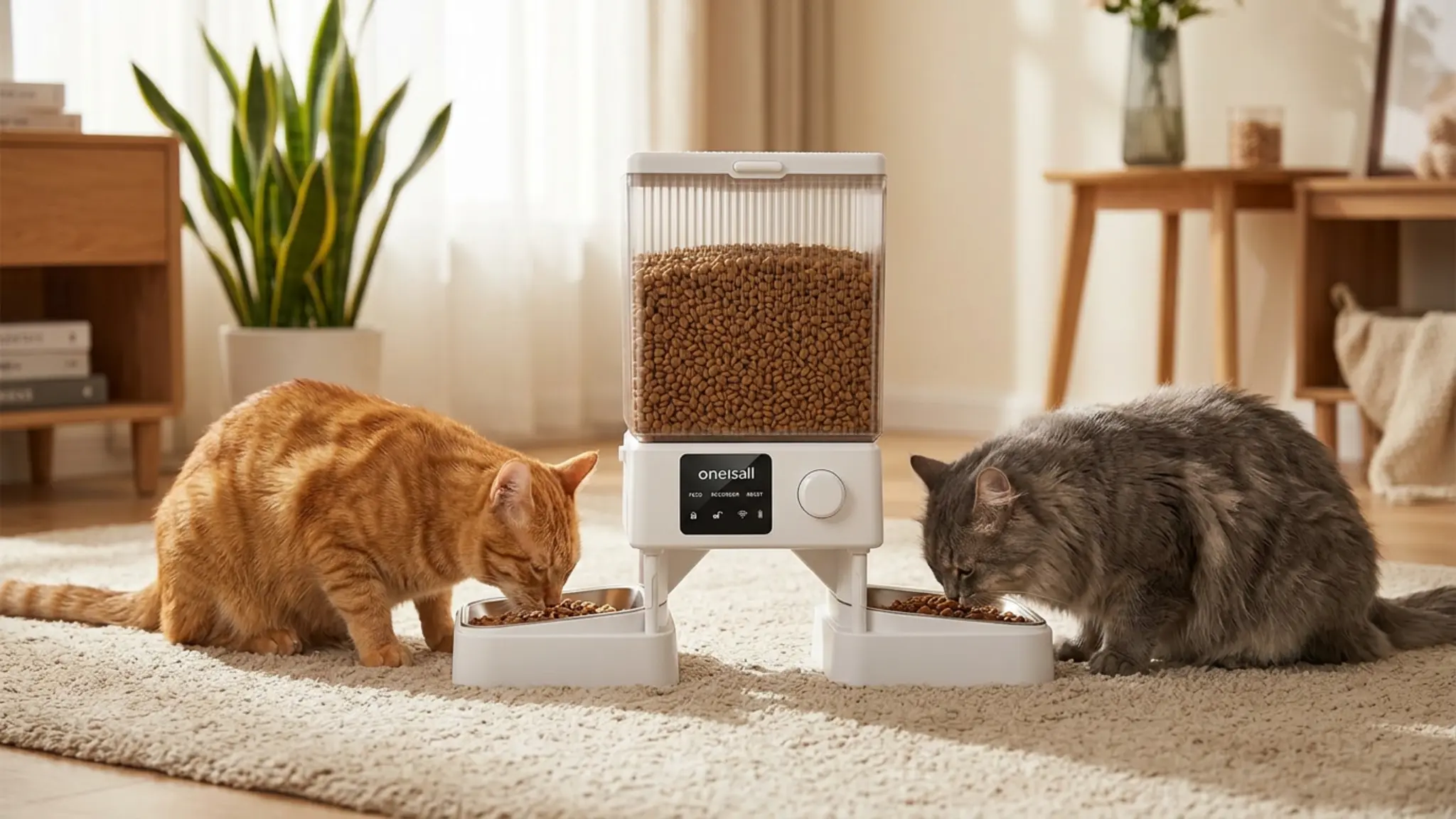 oneisall 5G WiFi Automatic Cat Feeder for 2 Cats, App Control, 20 Cups/5L | Timed Meals, F in use