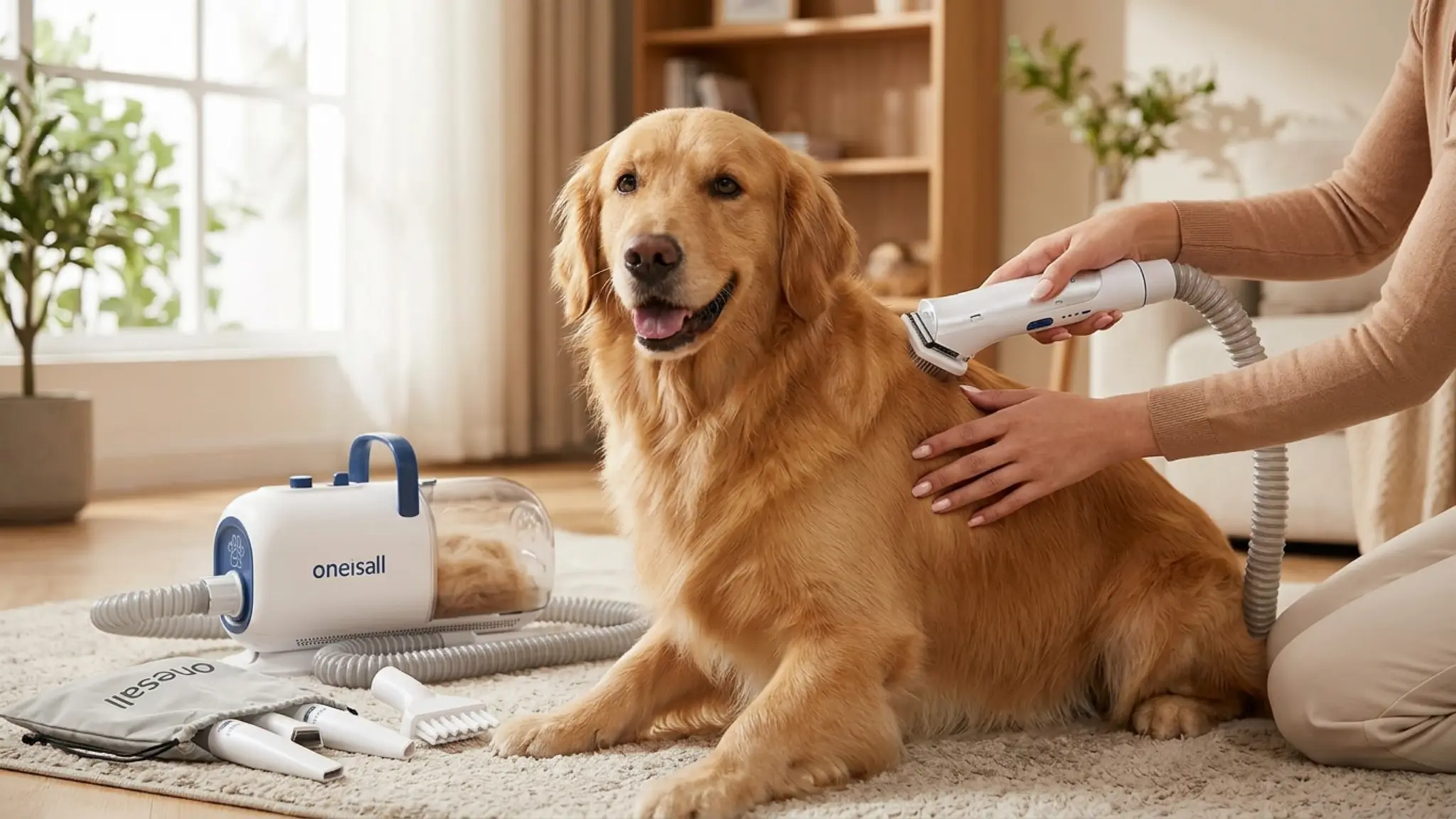 oneisall 8-in-1 Dog Grooming Vacuum & Dryer for Shedding/Drying/Trimming | Vacuum & Blower in use