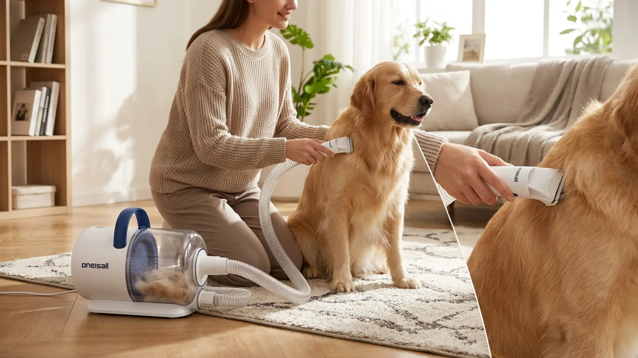 oneisall Dog Grooming Vacuum - 15000Pa Suction, Captures 99% Pet Hair to Reduce Shedding, in use