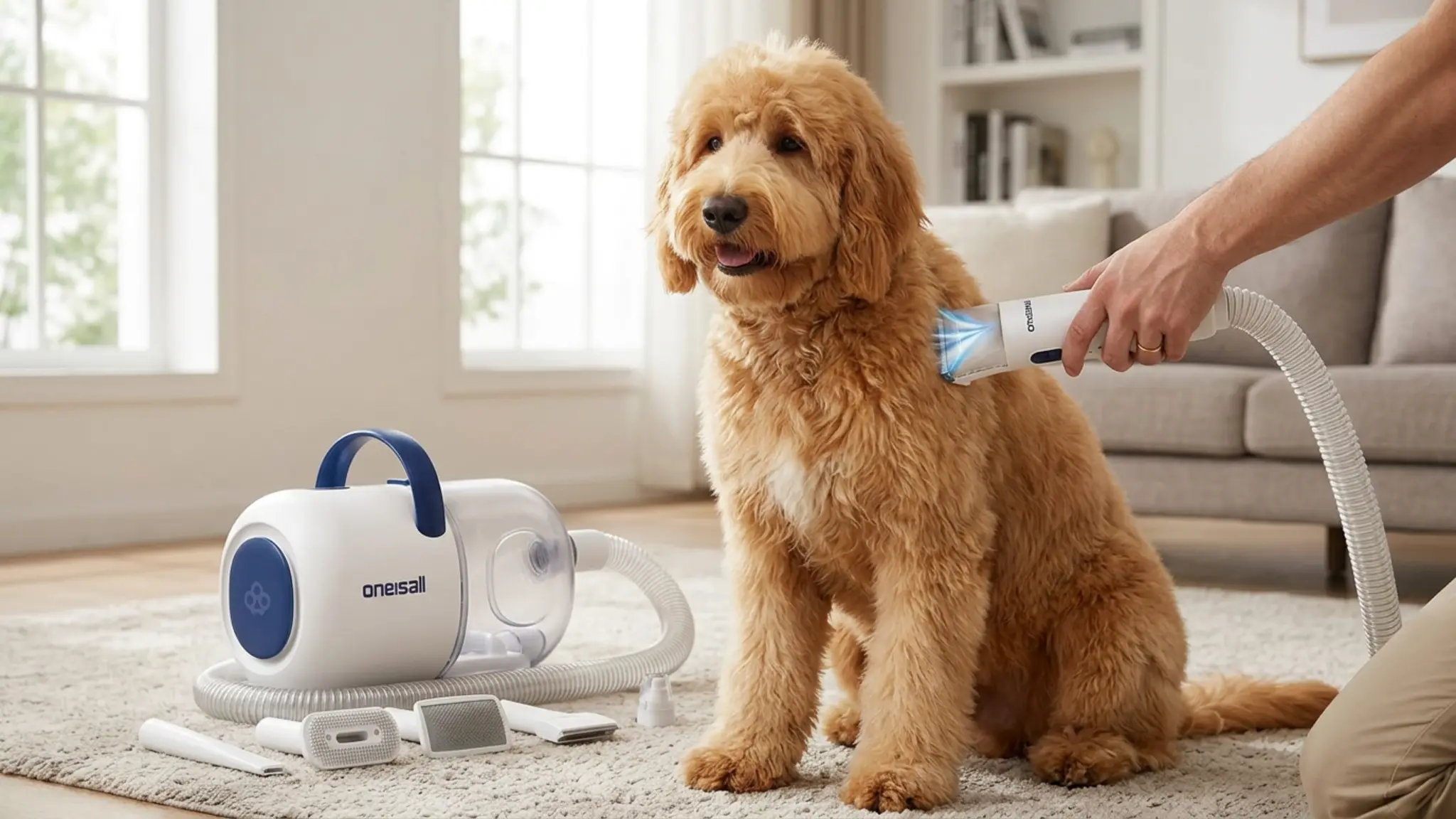 oneisall Dog Grooming Vacuum Kit with 6 Tools | Powerful 15000Pa Suction, Clippers, Trimme in use