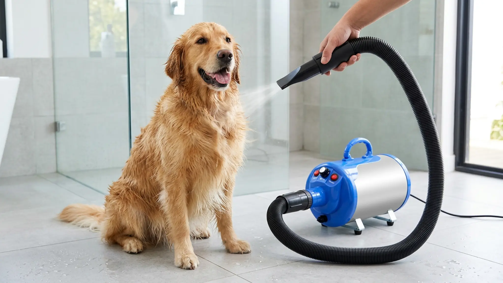 SHELANDY Groomer Partner Pet Hair Force Dryer Dog Grooming Blower with Heater (Blue) in use