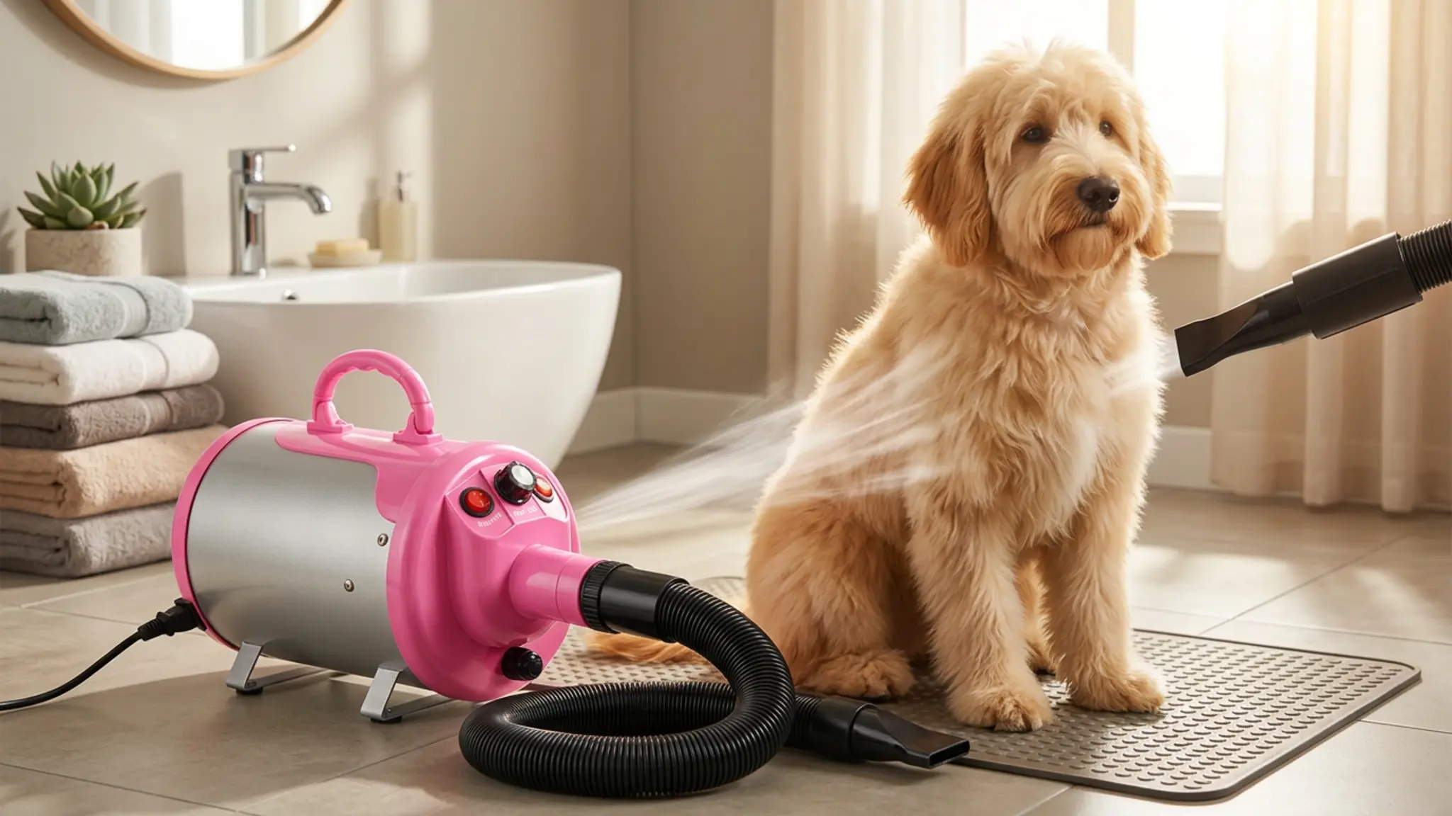 SHELANDY Groomer Partner Pet Hair Force Dryer Dog Grooming Blower with Heater (Pink) in use