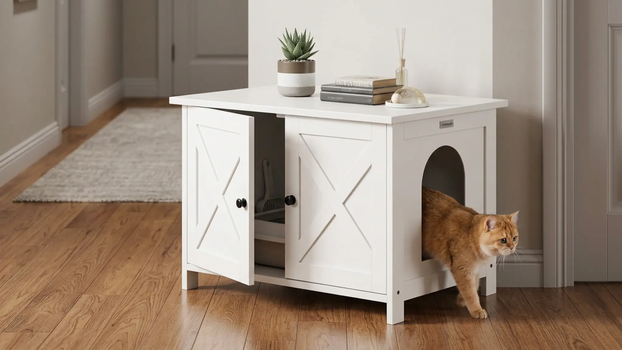 Shintenchi Cat Litter Box Enclosure, Litter Box Furniture Cabinet Hidden with Removable Di in use