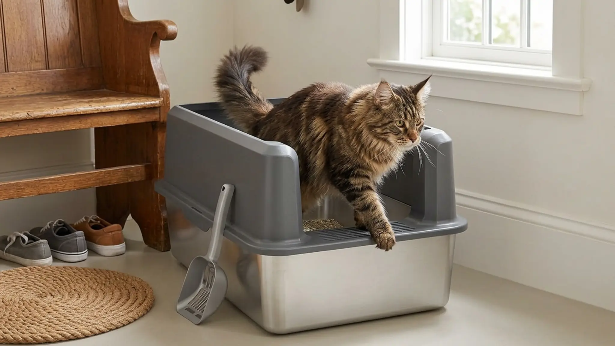 Stainless Steel Cat Litter Box, XL High Sided Open Top Litter Pan, 1 Scoop | Extra Large L in use