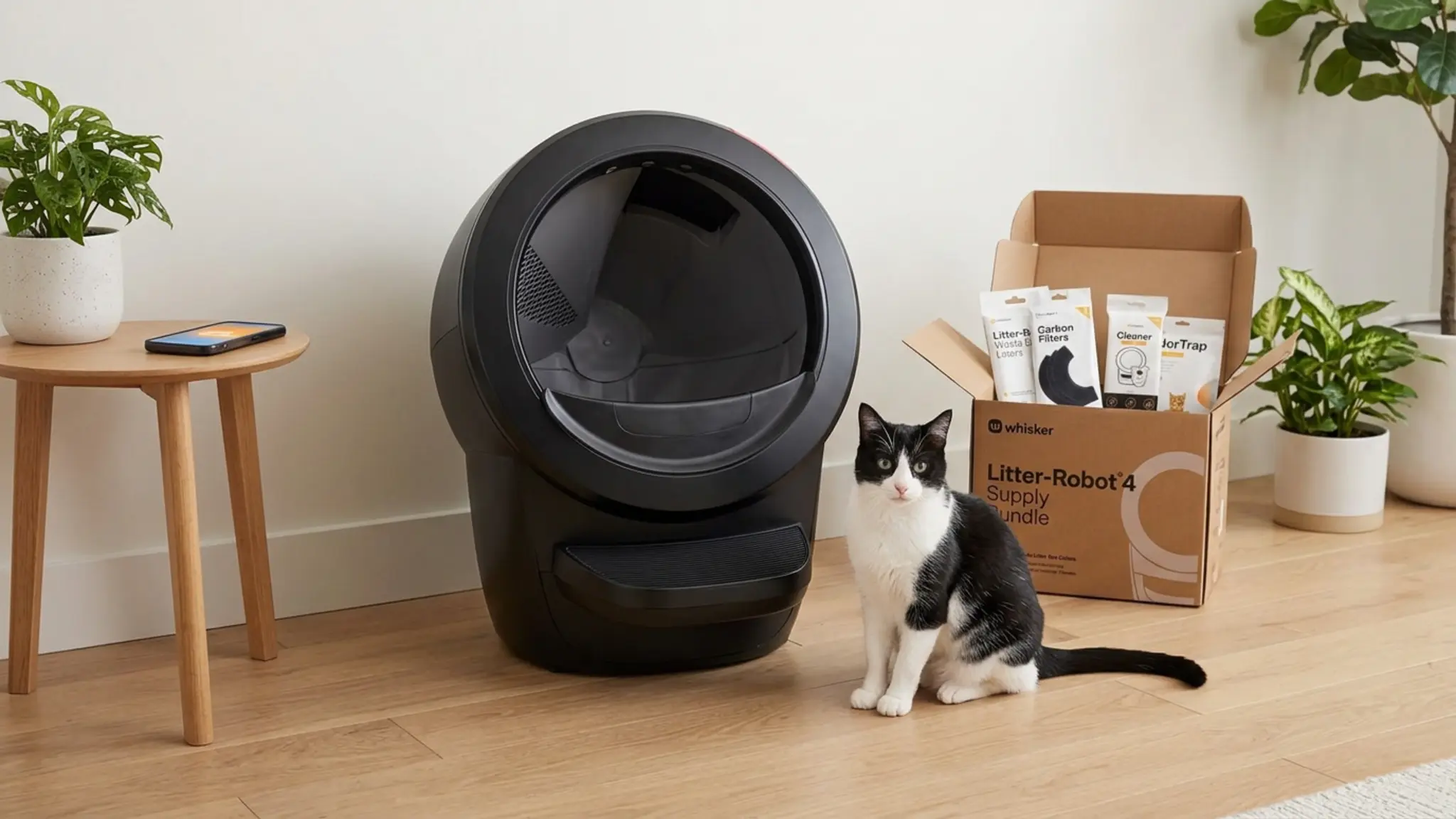 Whisker Litter-Robot 4 Supply Bundle, Black in use