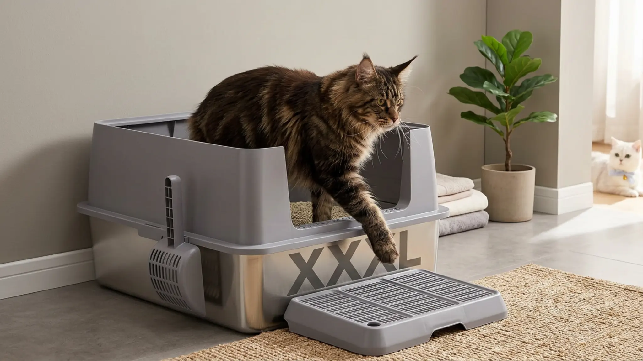 Stainless Steel Litter Box , 28"L*20"W*12"H XXL Extra Large Litter Boxes with lid ,Metal L in use