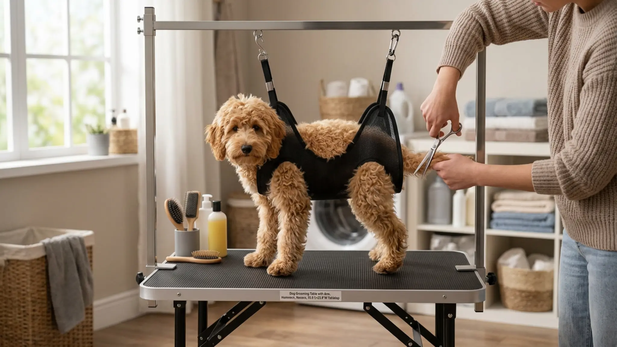 Dog Grooming Table with Arm, Hammock, Nooses, 35.5"L×23.6"W Tabletop in use