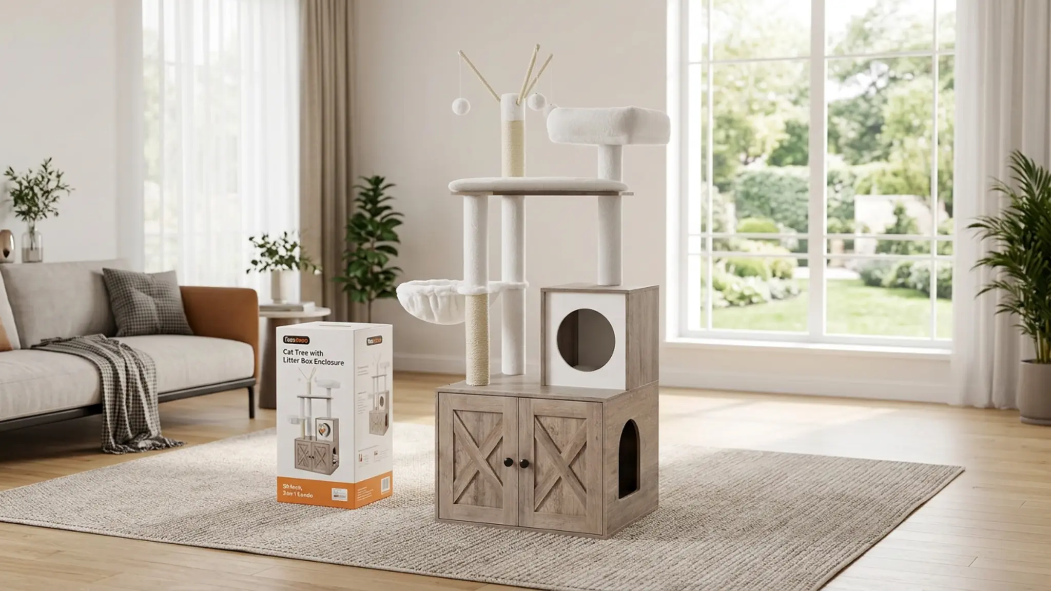 Feandrea Cat Tree with Litter Box Enclosure, 59-Inch, 2-in-1 Condo product view