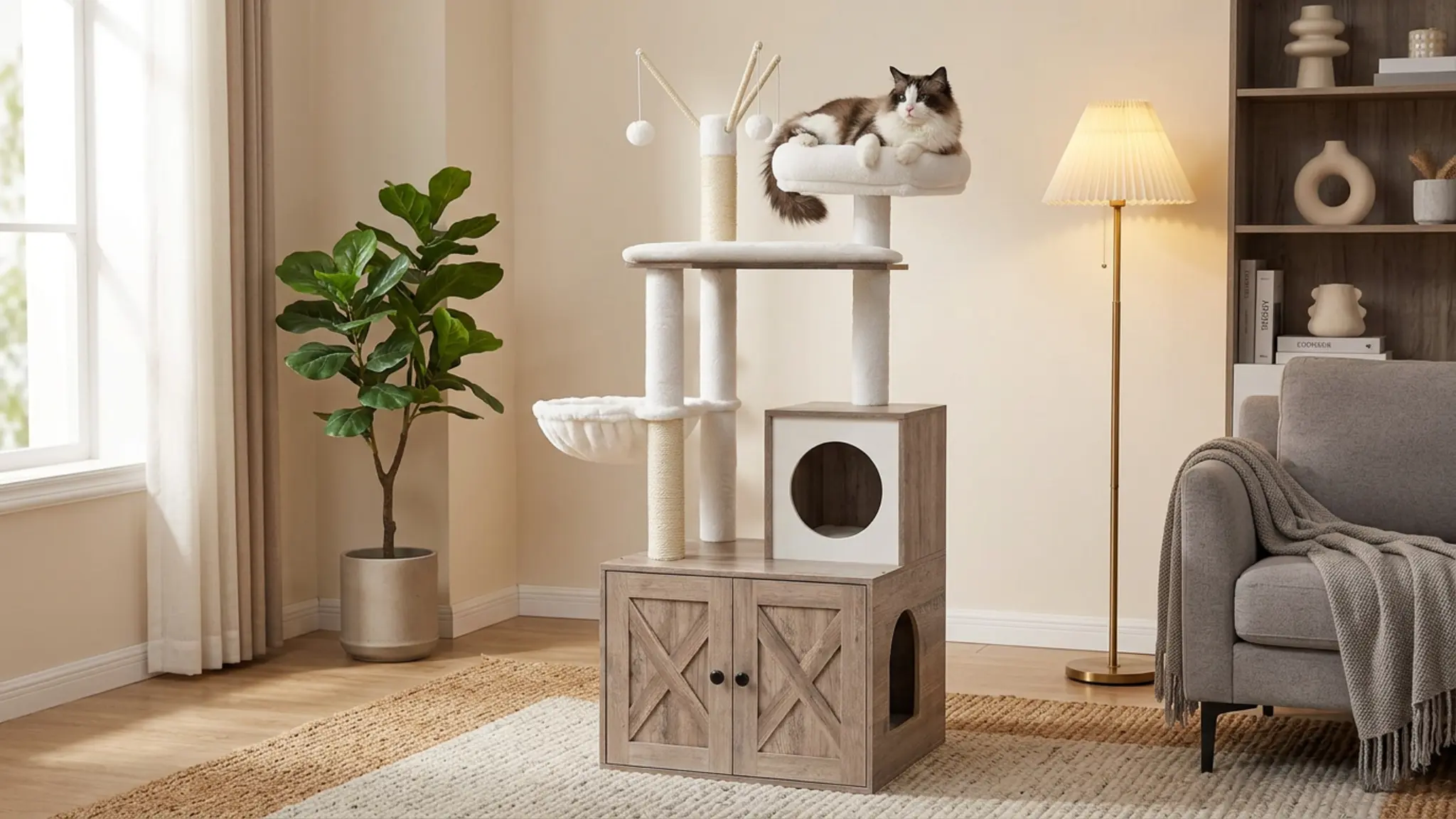 Feandrea Cat Tree with Litter Box Enclosure, 59-Inch, 2-in-1 Condo in use