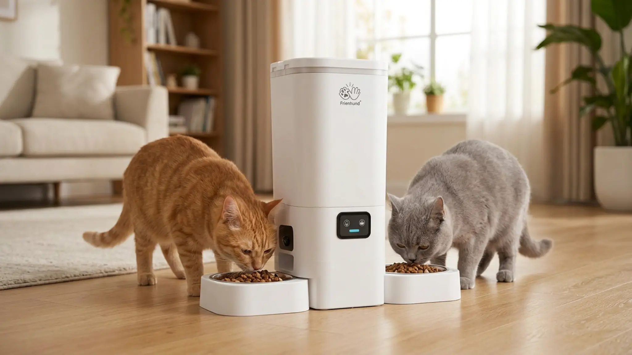 Frienhund Automatic Cat Feeder with Two 1080P Camera for 2 Cats: 7L Automatic Dog Feeder w in use