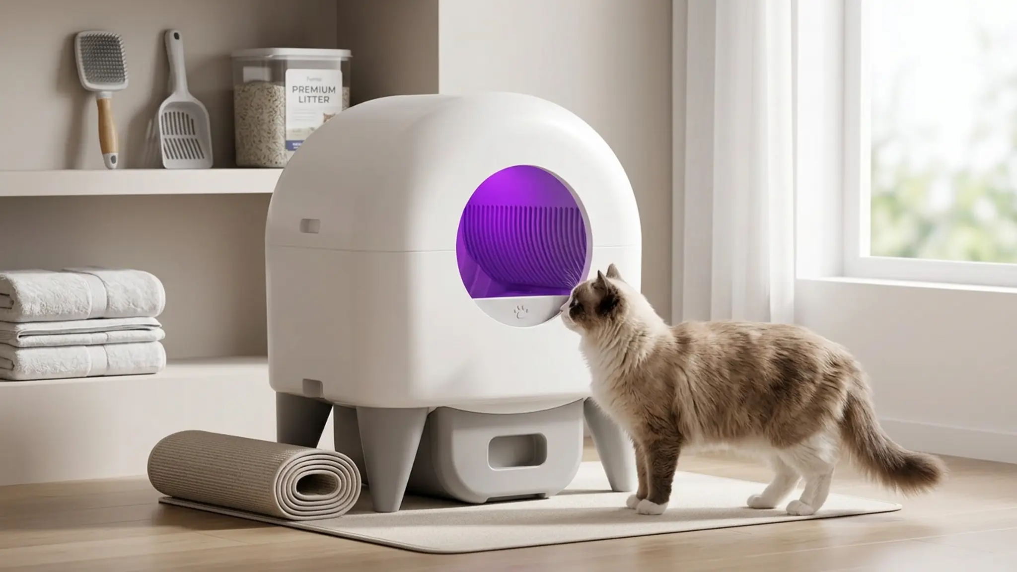 Fumoi Automatic Litter Box,Safety Sensor,App Control,Washable Litter Tray in use