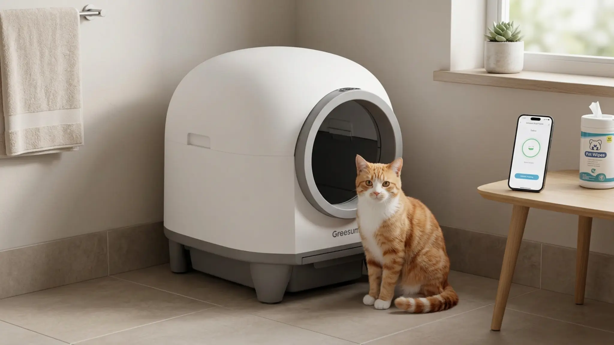 Greesum Enclosed Self-Cleaning Cat Litter Box, 90L XL, App Control, Quiet in use
