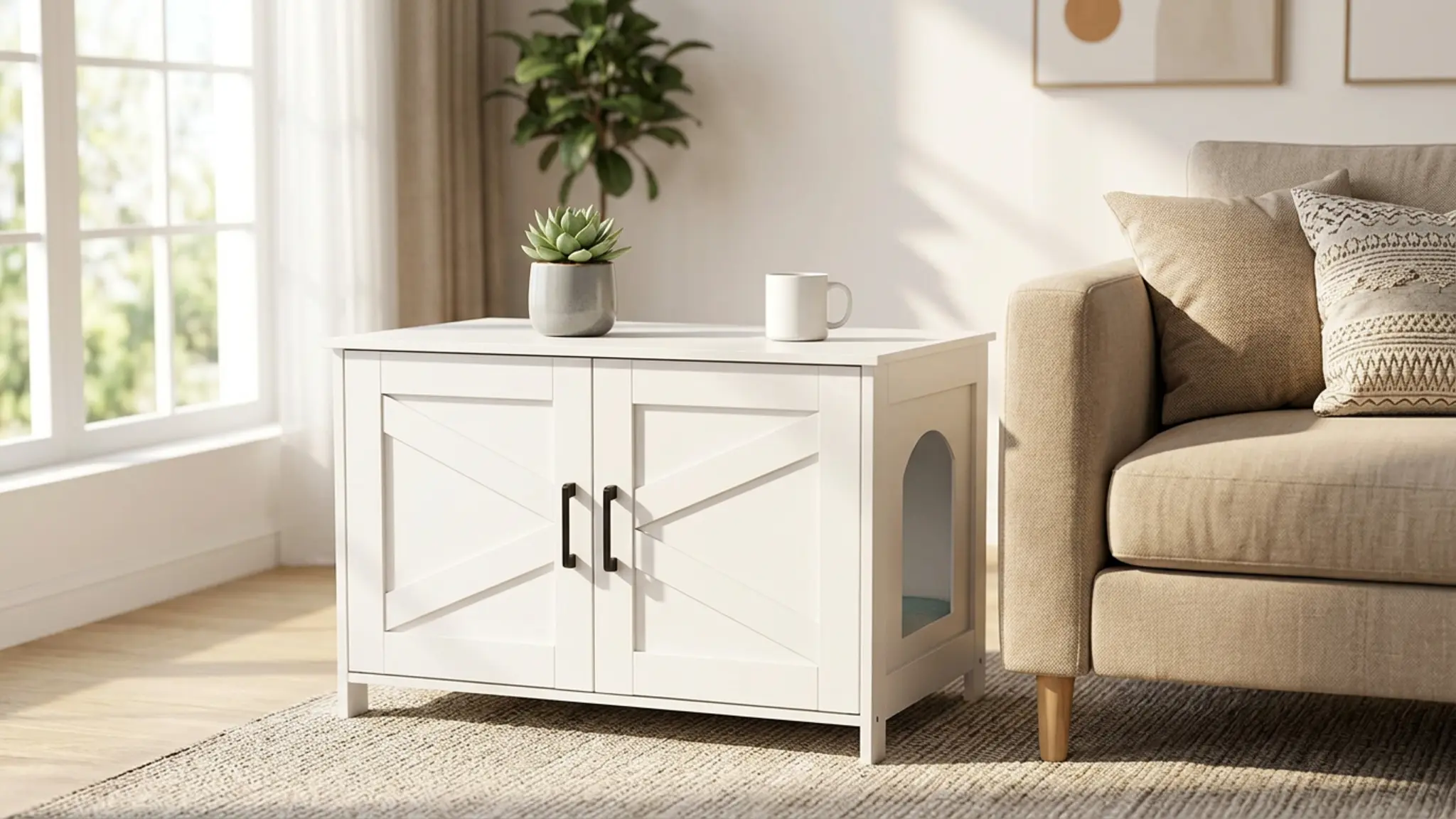 Homhedy 31.5" L Cat Litter Box Enclosure with Barn Door, White product view