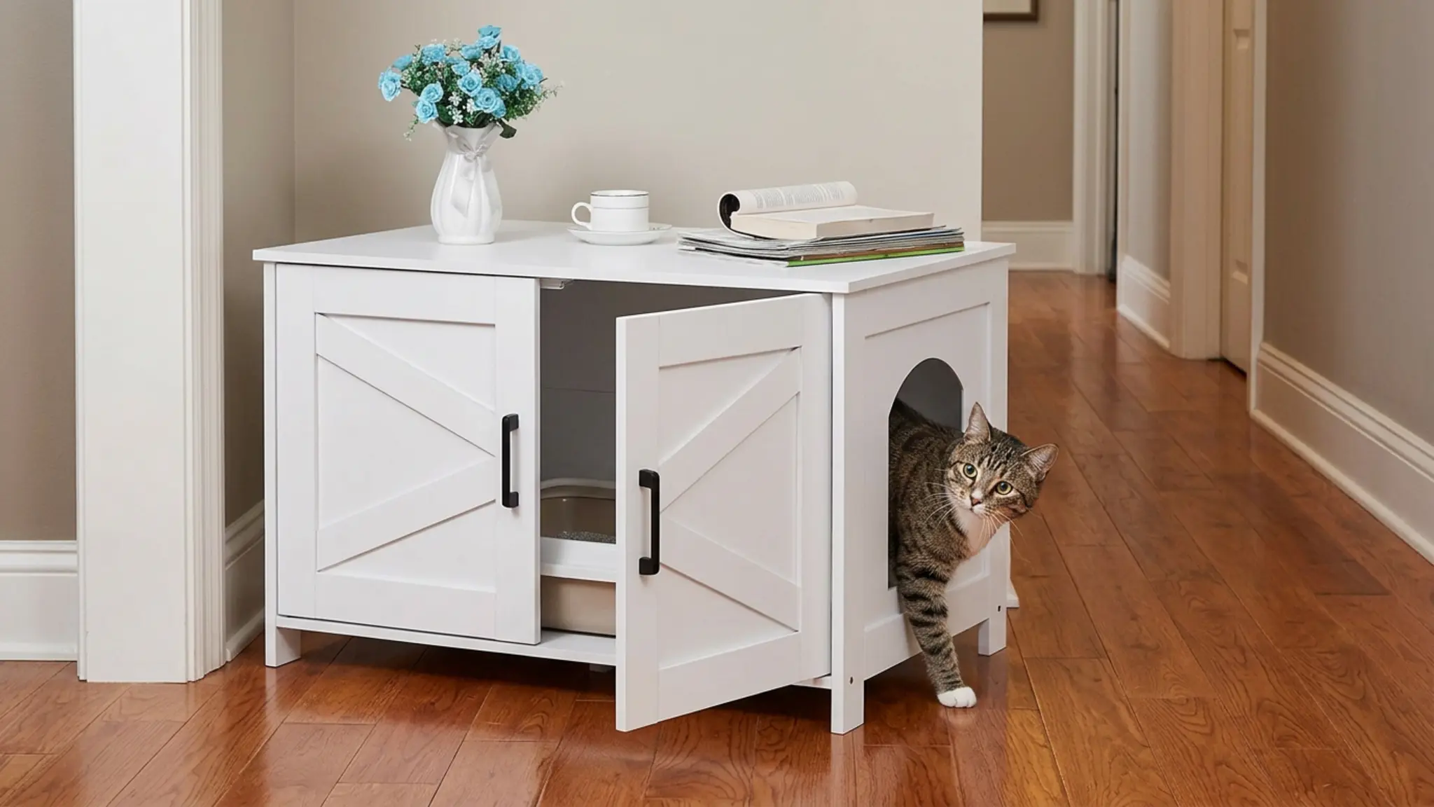 Homhedy 31.5" L Cat Litter Box Enclosure with Barn Door, White in use