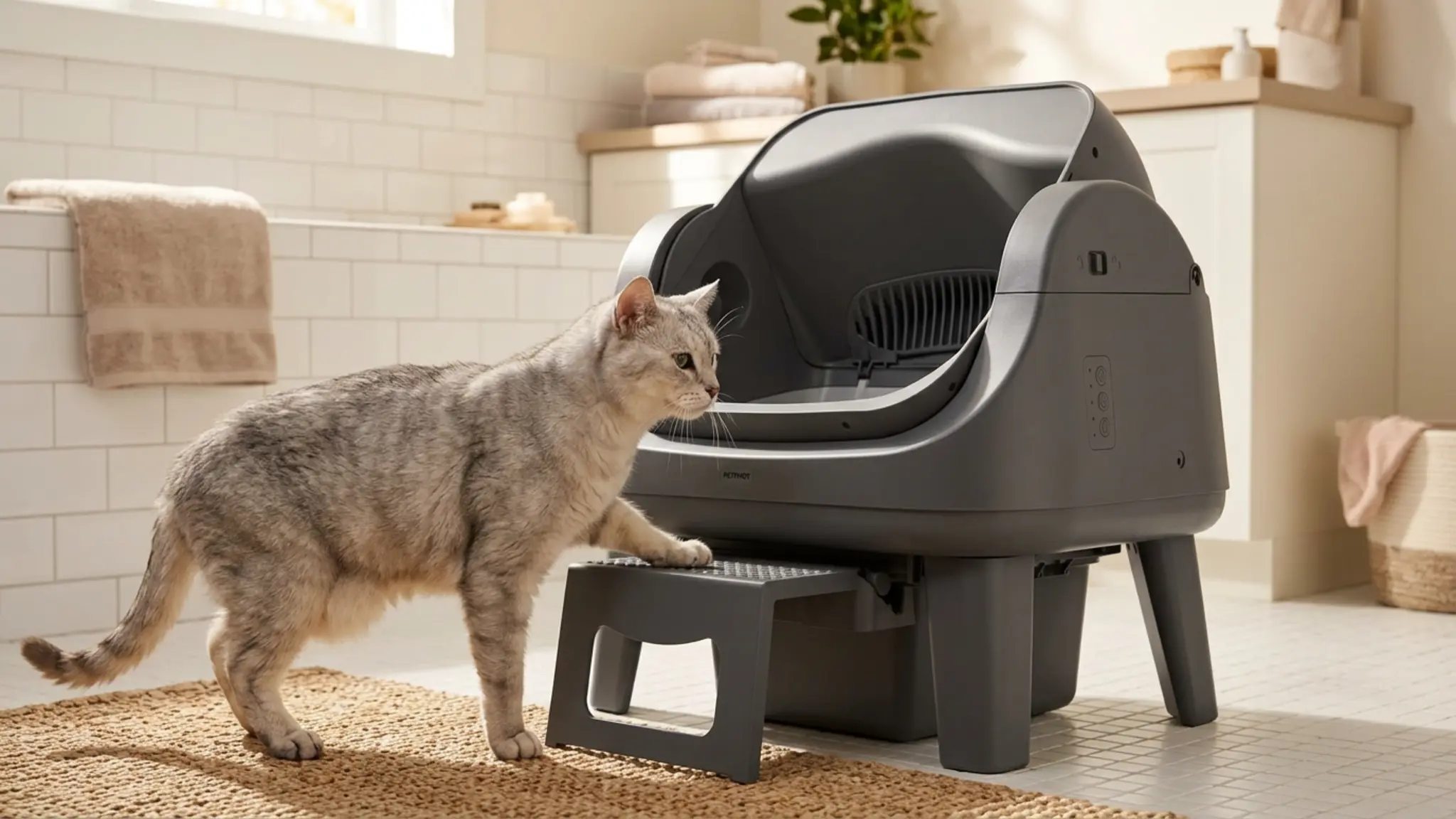 PetPivot Open Top Self Cleaning Cat Litter Box, Automatic Litter Box with 7 Pairs of Safet in use