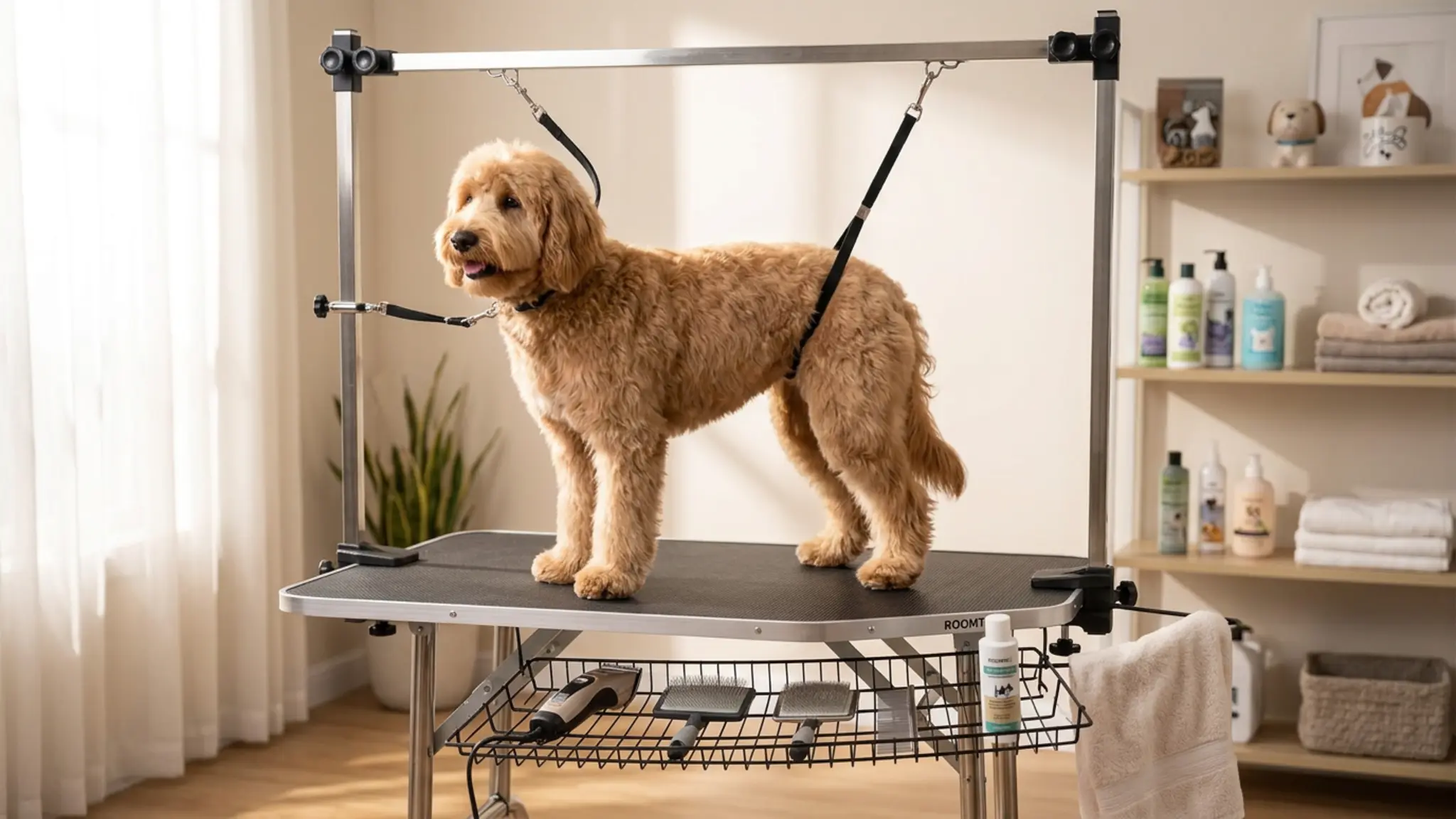 ROOMTEC 46" Dog Grooming Table,Foldable Home Pet Bathing Station with Adjustable Height Ar in use