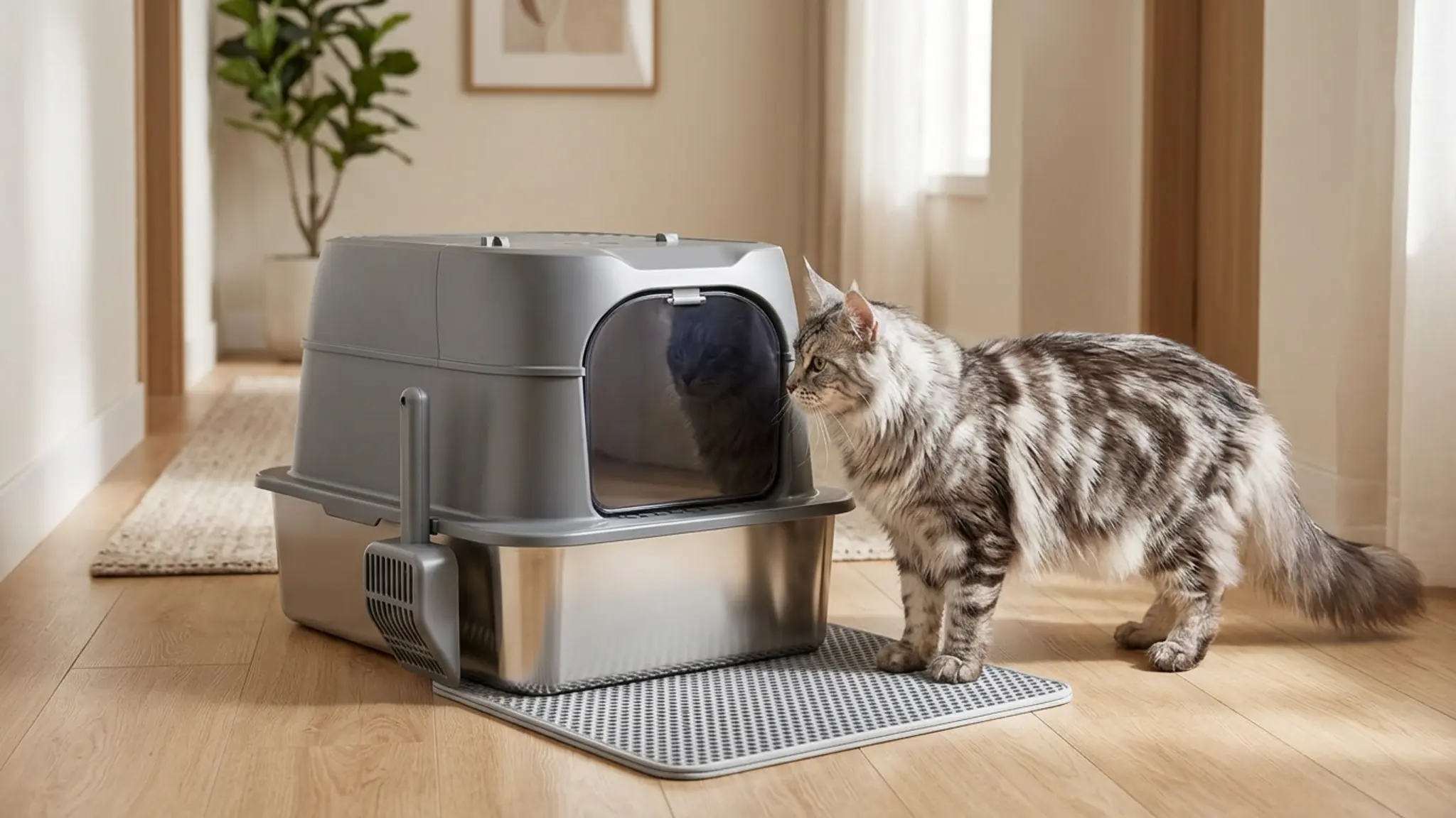 Smart Odor Control Stainless Steel Cat Litter Box with Lid, XXL Enclosed Extra Large Litte in use