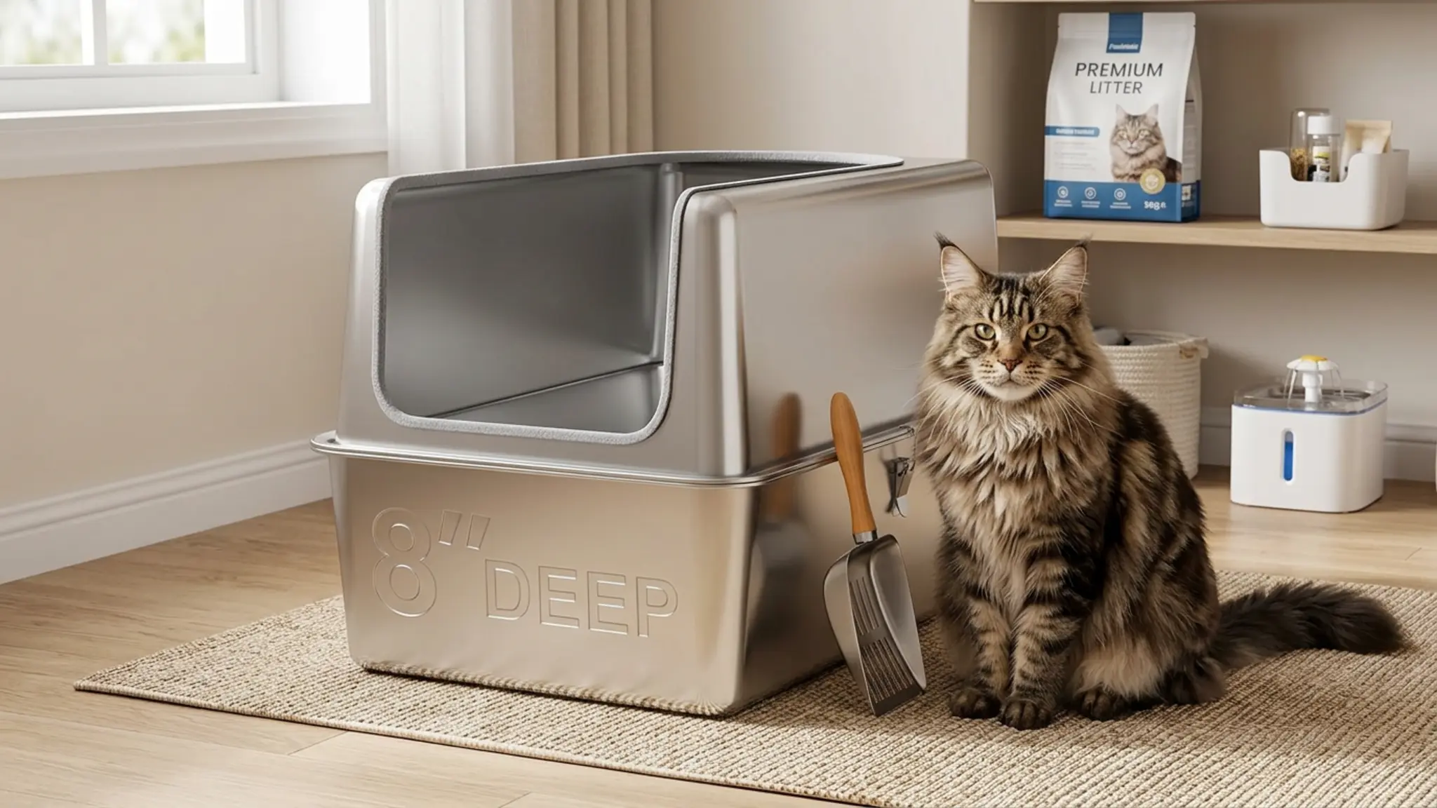 16'' High Sides XXXL All Stainless Steel Cat Litter Box with Lid,8'' Deep Metal Litter Box in use