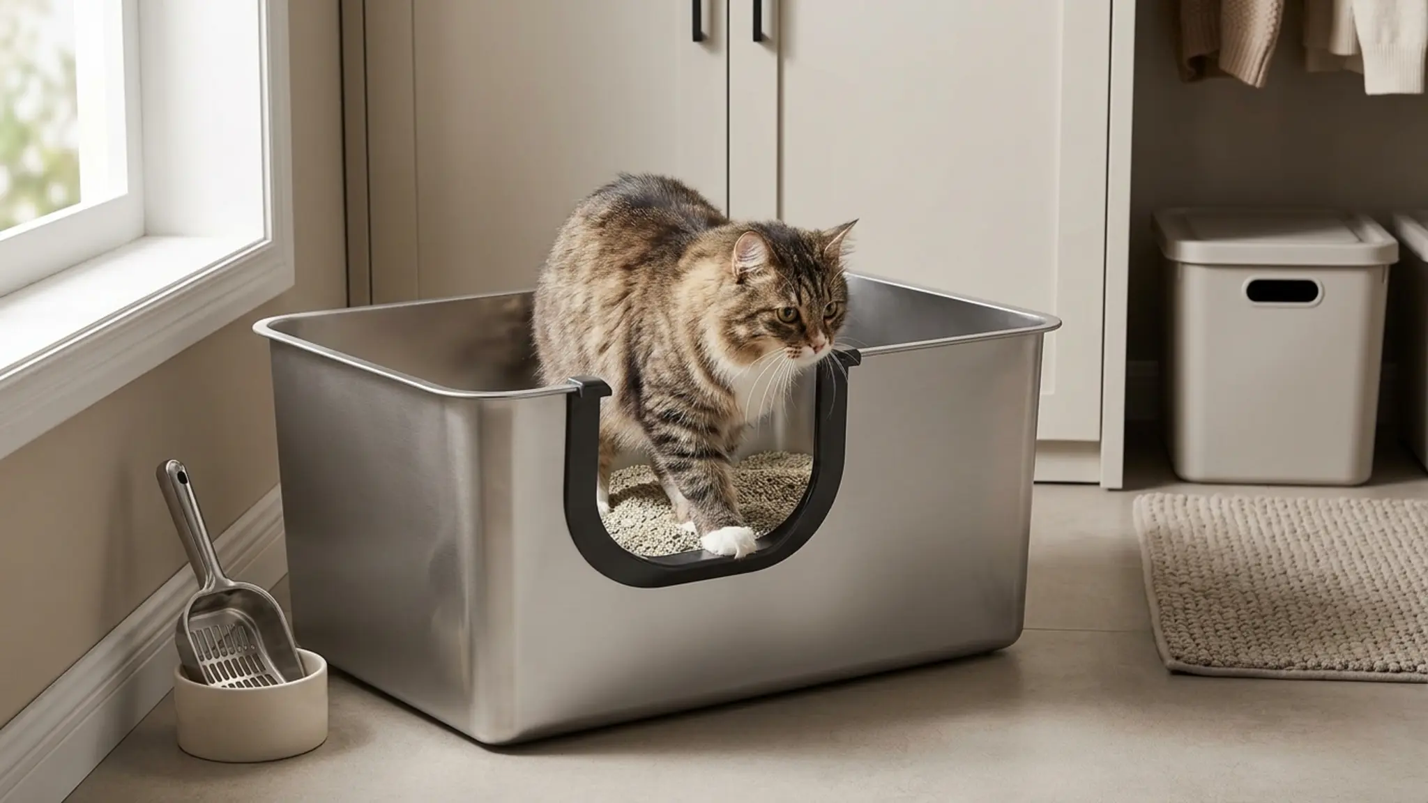 Yangbaga XXL High Sided Stainless Steel Litter Box for Cats in use