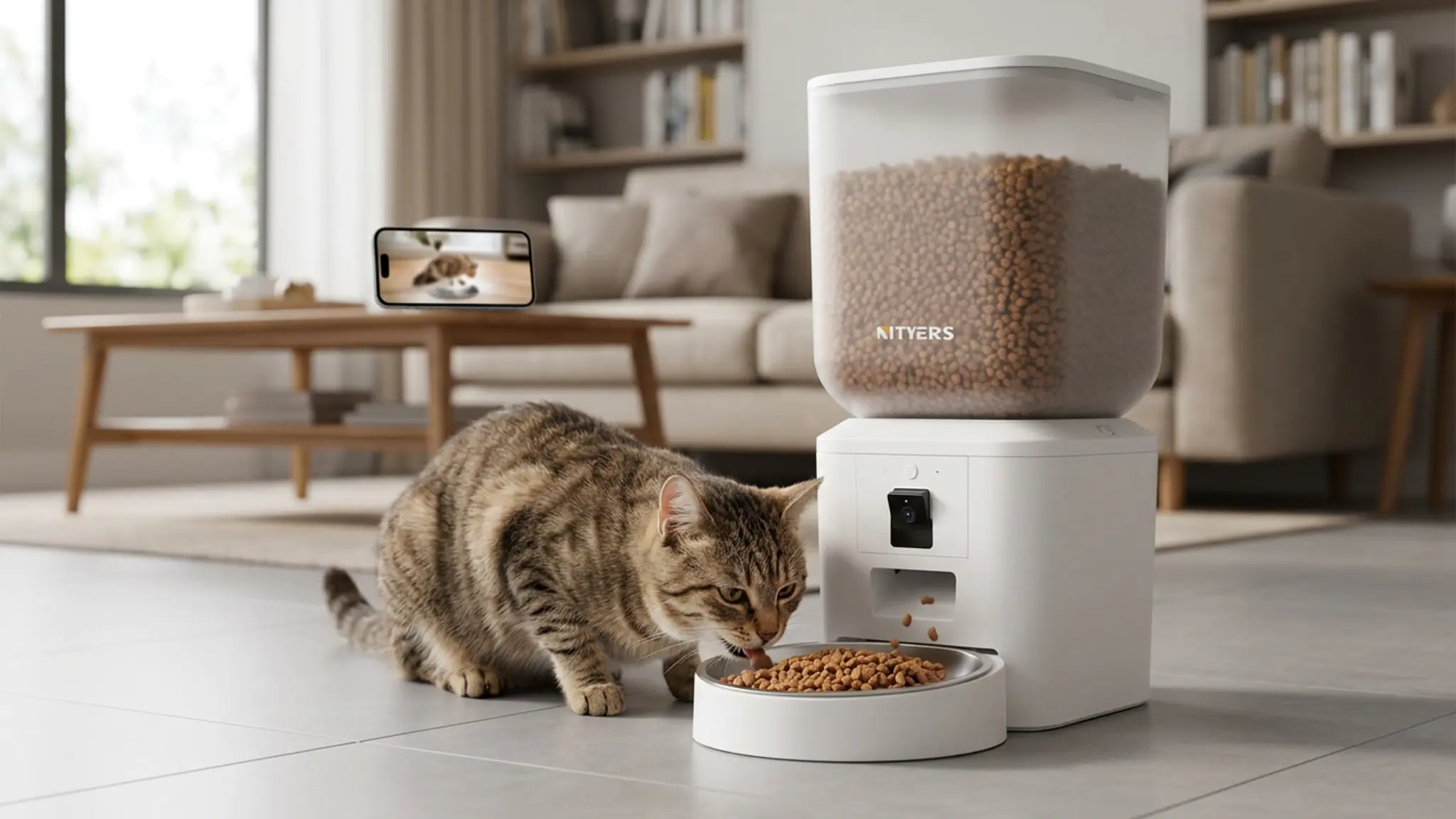 Automatic Dog & Cat Feeder with Camera & WiFi – 8L/34 Cups, 1080P Night Vision, 2.4 & 5G W in use