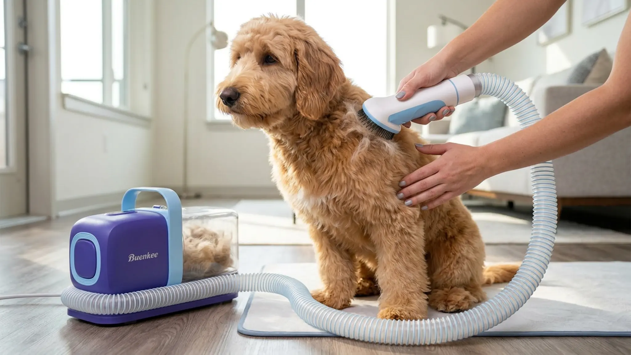 Buenkee Dog Grooming Vacuum Kit, 15000Pa Clipper, Shedding Brush, 2L, Blue in use