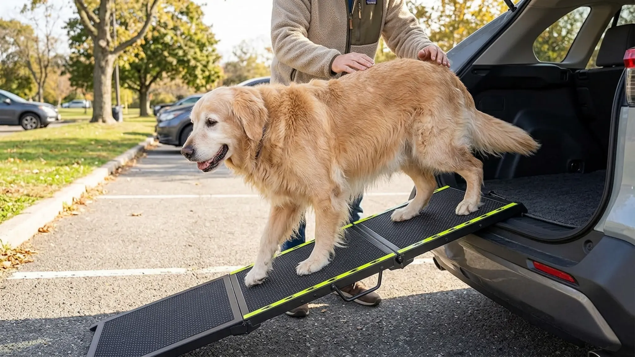 74"L x 20"W Extra Wide Dog Ramp for Car - Portable Pet Ramp for Large Dogs in use